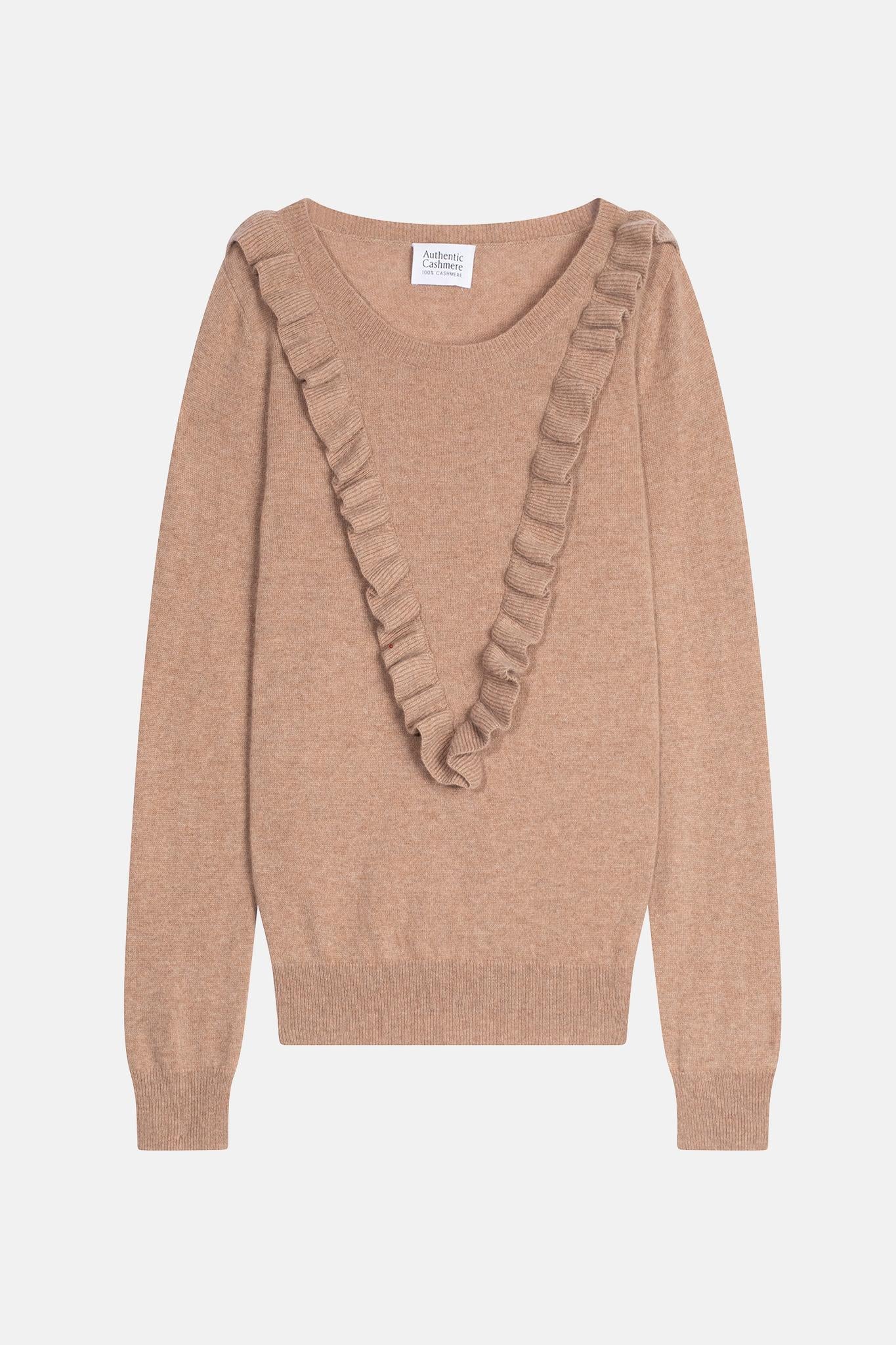 KNOTT pull col rond volants devant camel chiné 100% cachemire