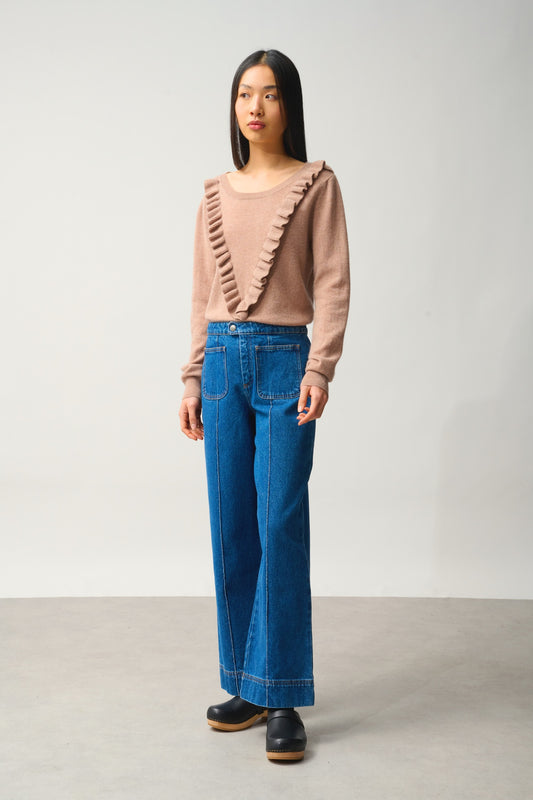 KNOTT Pullover mit Rundhalsausschnitt und Volants vorne camel meliert 100% Kaschmir