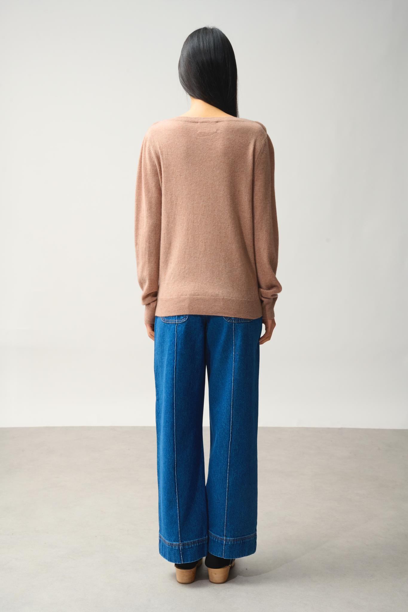 KNOTT pull col rond volants devant camel chiné 100% cachemire