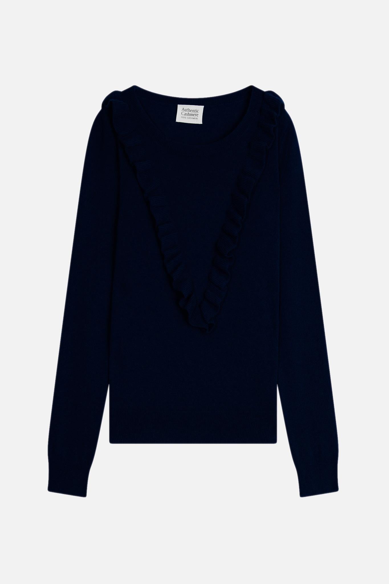 KNOTT pull col rond volants devant navy 100% cachemire