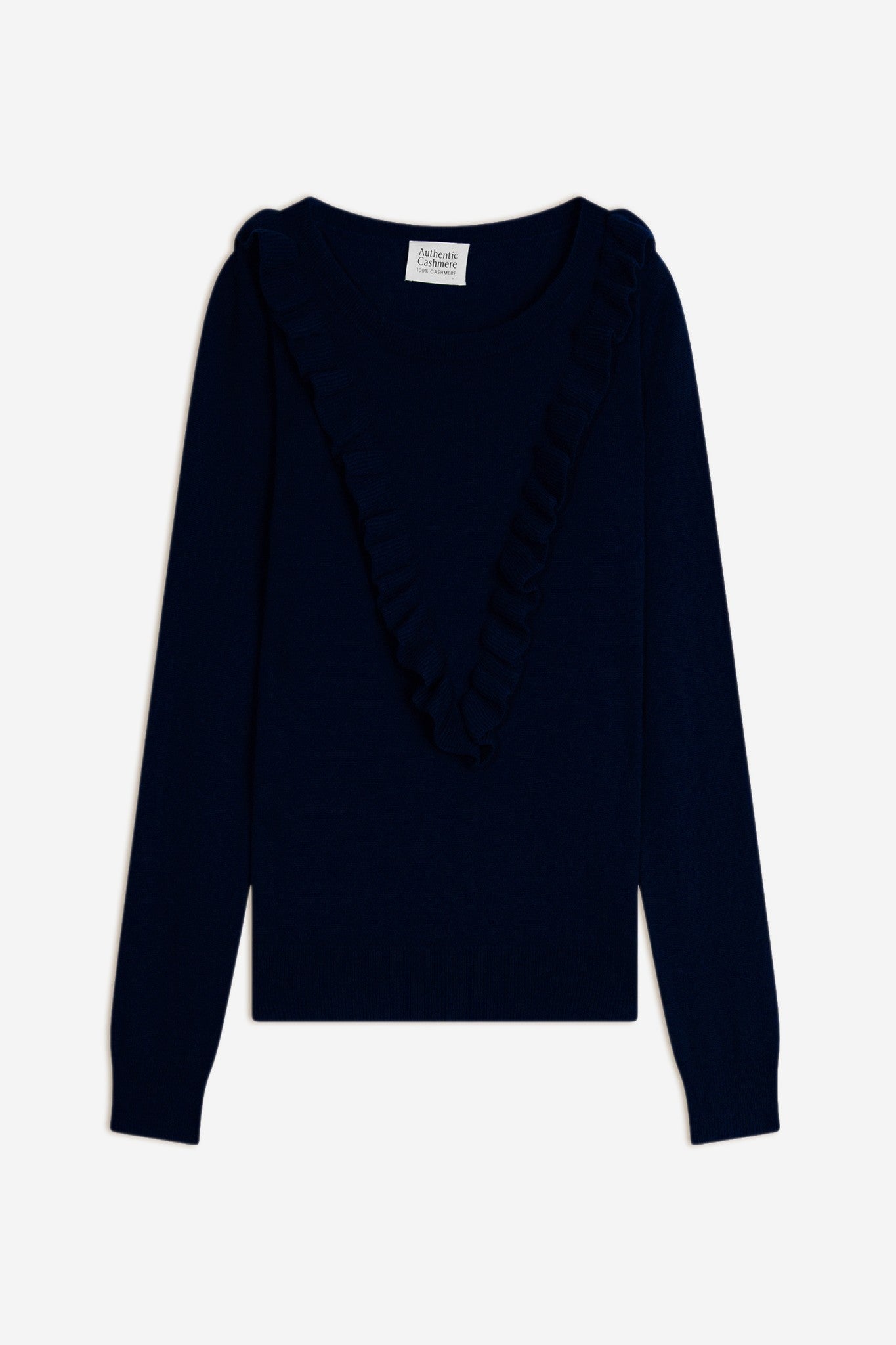 knott pull col rond volants devant navy 100% cachemire