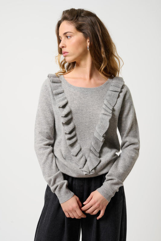 KNOTT pull col rond volants devant nuage chiné 100% cachemire