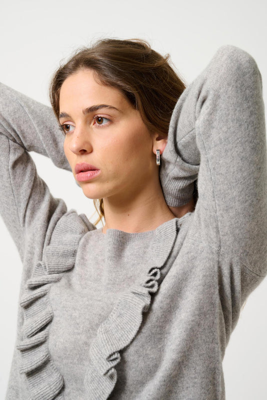 KNOTT pull col rond volants devant nuage chiné 100% cachemire