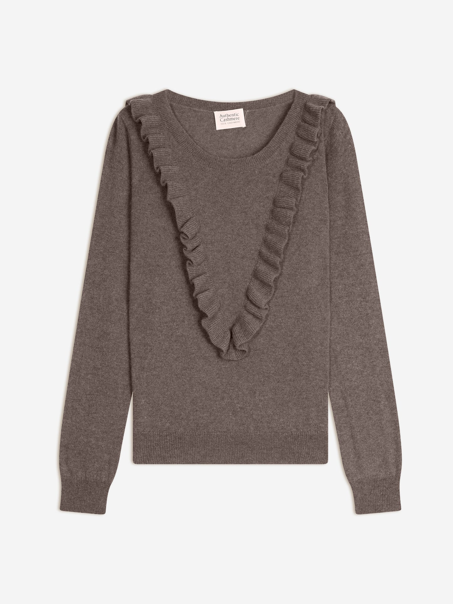 KNOTT pull col rond volants devant taupe chiné 100% cachemire