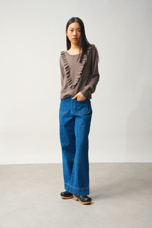 KNOTT Pullover mit Rundhalsausschnitt und Volants vorne taupe meliert 100% Kaschmir