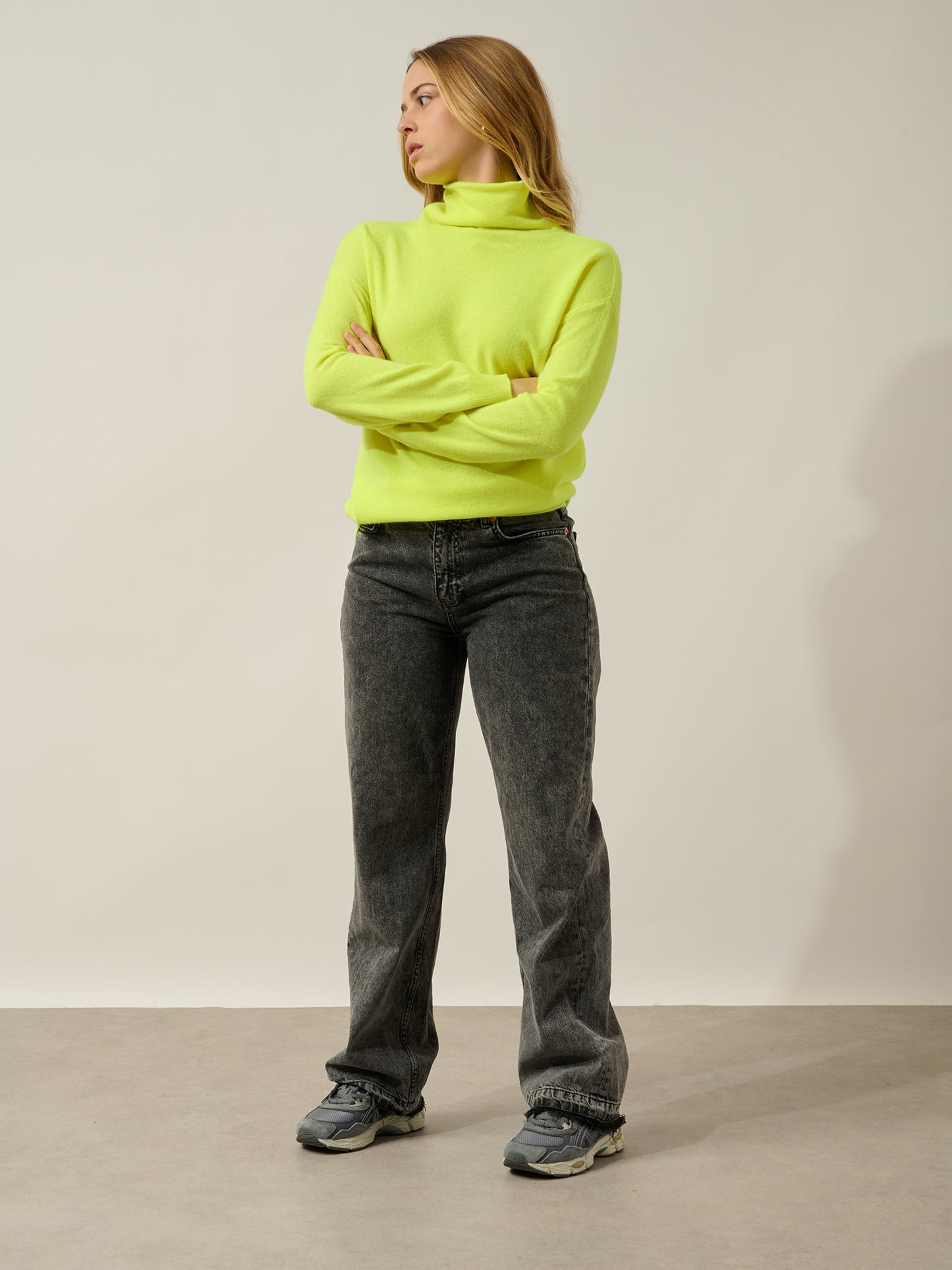 KORIEL pull col montant jaune fluo 100% cachemire