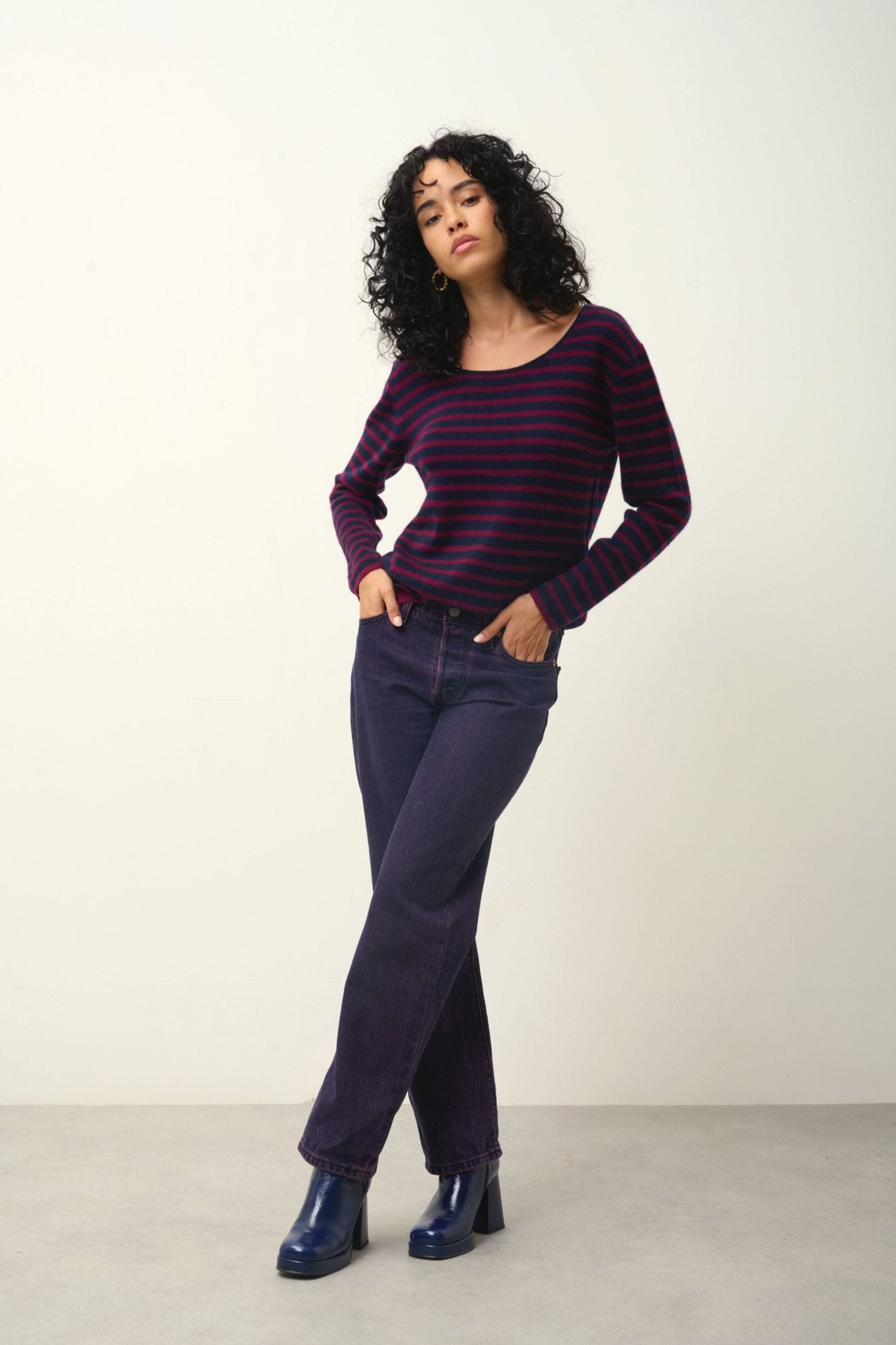 LANFON navy / burgundy striped boat-neck sweater 100% cashmere
