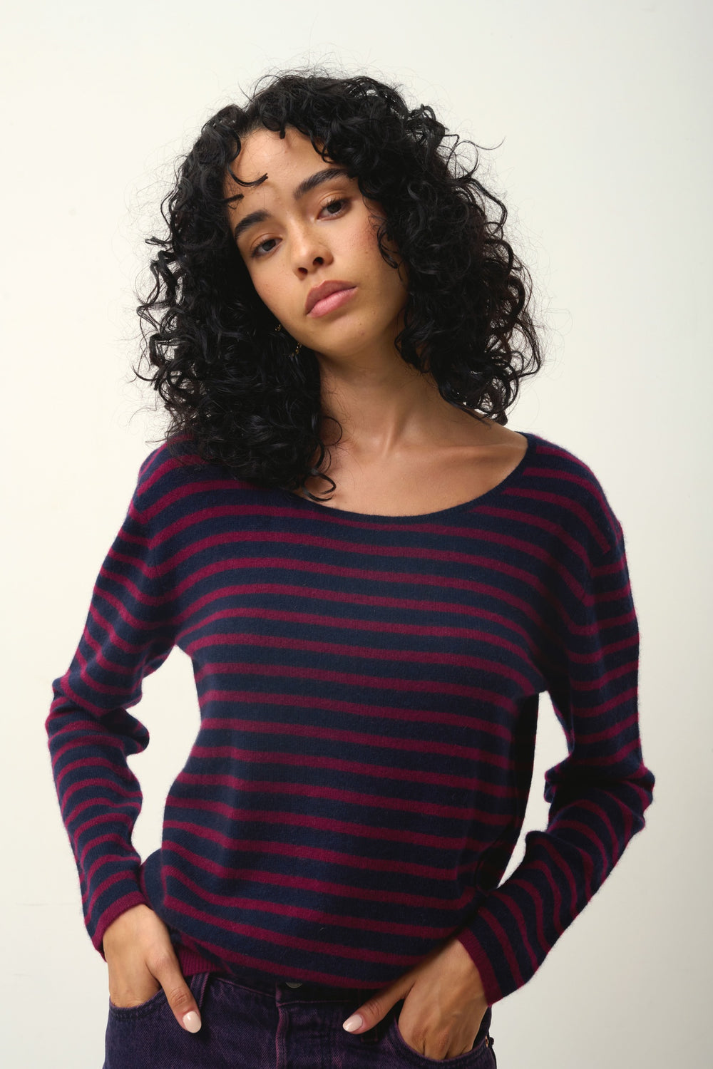 LANFON pull col bateau rayures navy / bordeaux 100% cachemire