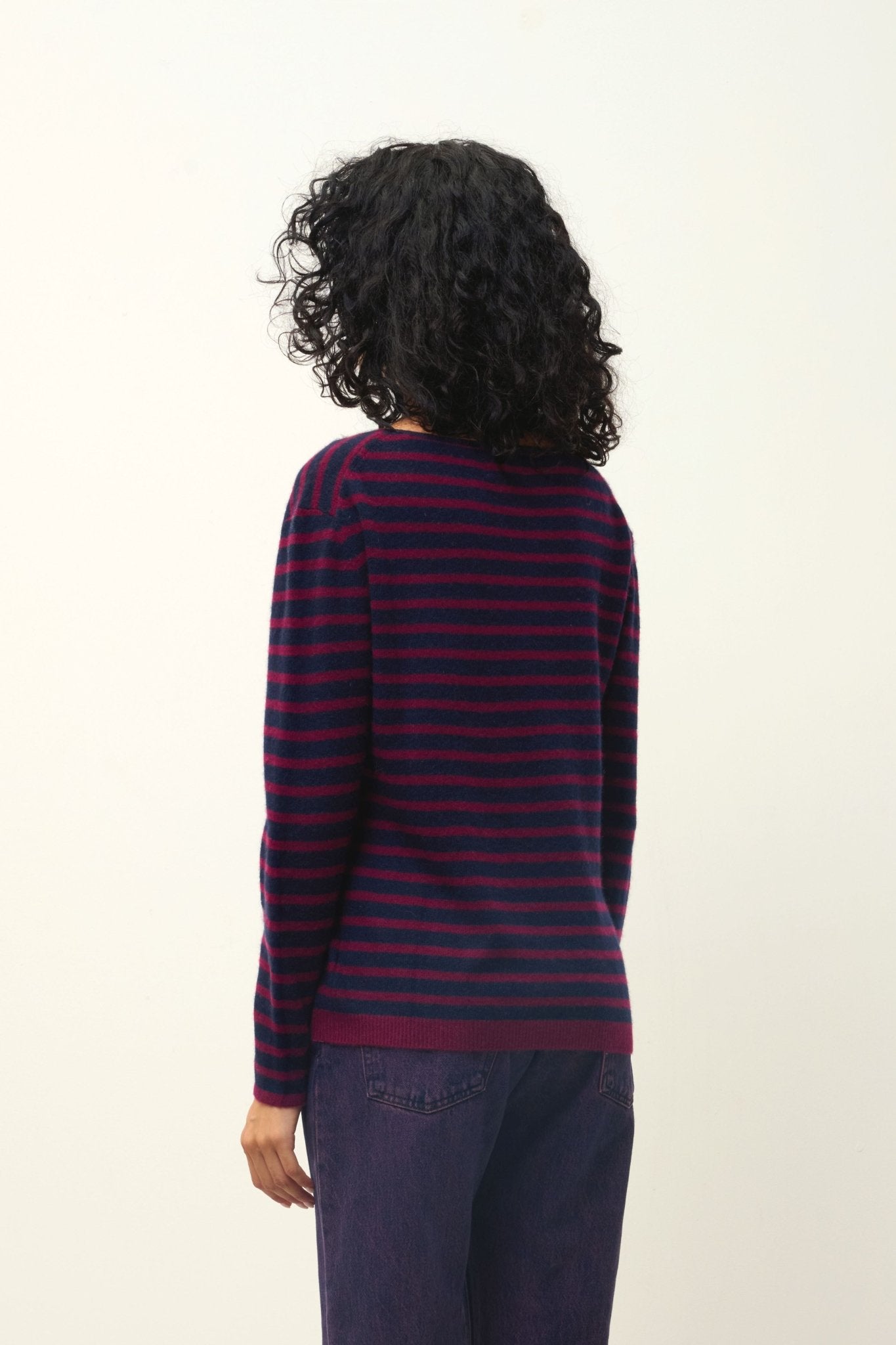 LANFON navy / burgundy striped boat-neck sweater 100% cashmere