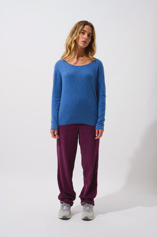 LANFON pull col bateau bleu denim 100% cachemire