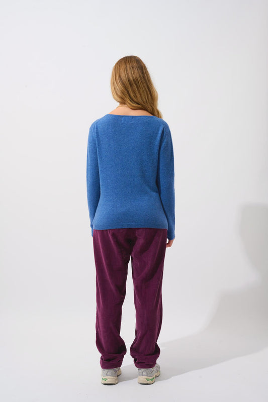 LANFON pull col bateau bleu denim 100% cachemire