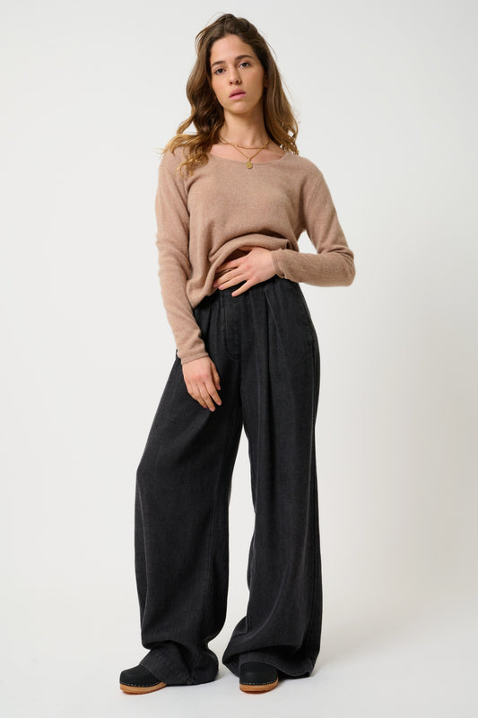 LANFON Kamelmelierter Pullover mit U-Boot-Ausschnitt, 100 % Kaschmir