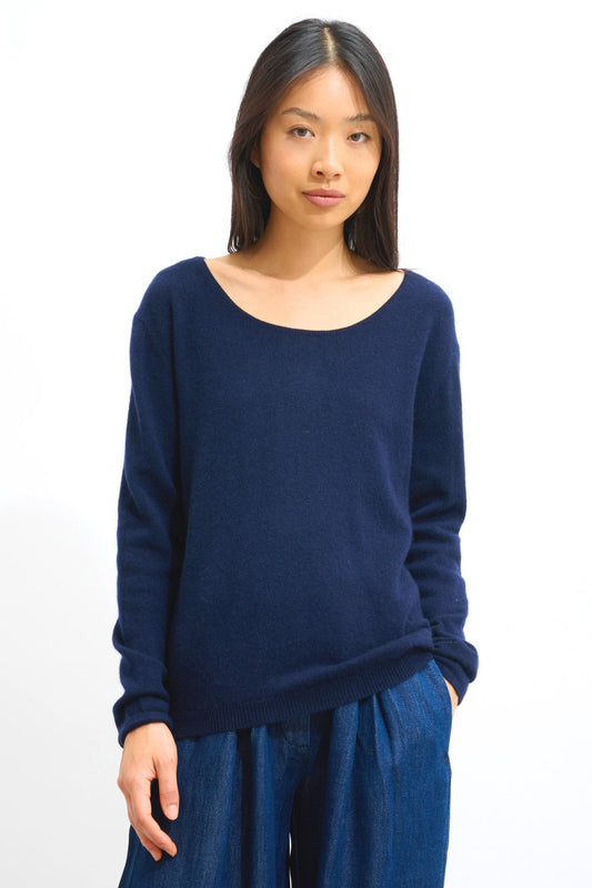 LANFON Pullover mit Bootsausschnitt in navy aus 100% Kaschmir