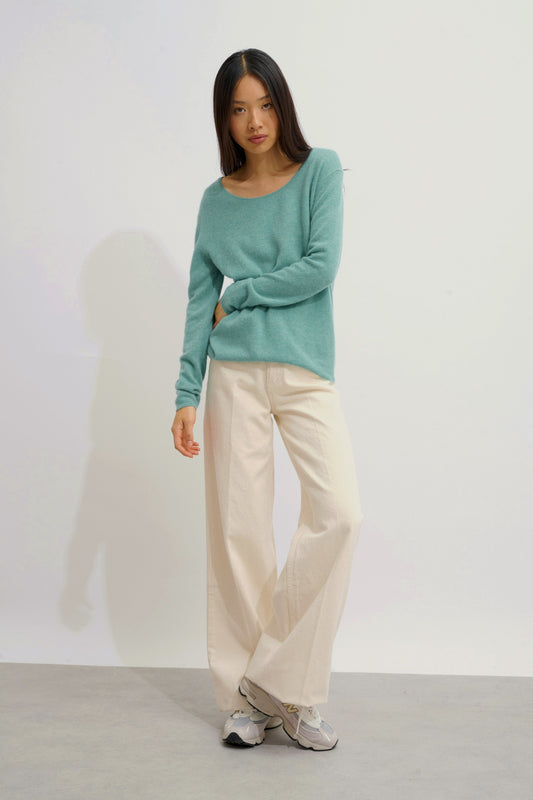 LANFON pull col bateau vert chiné 100% cachemire