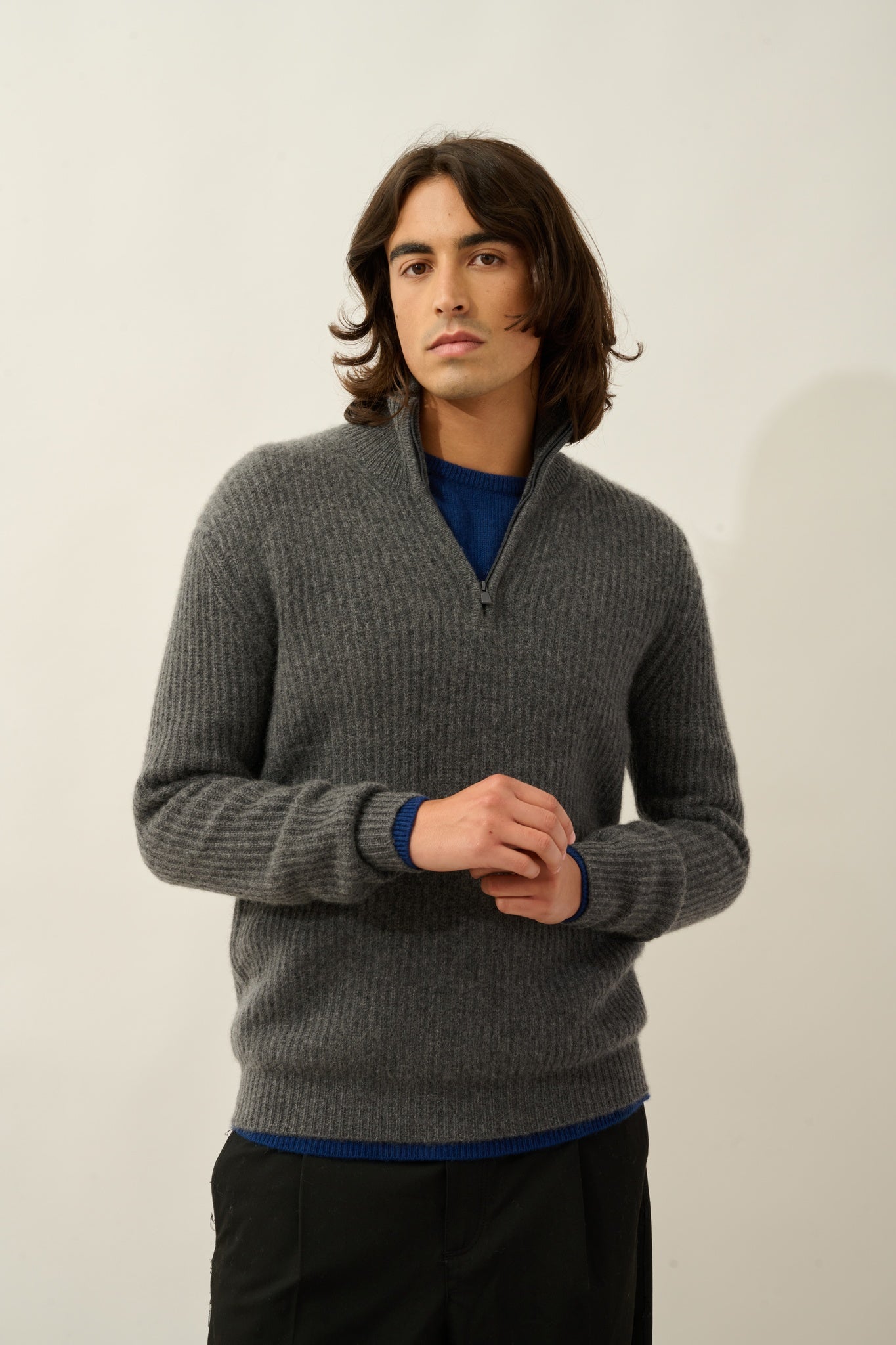 LHAMU pull camionneur 6 fils anthracite chiné 100% cachemire