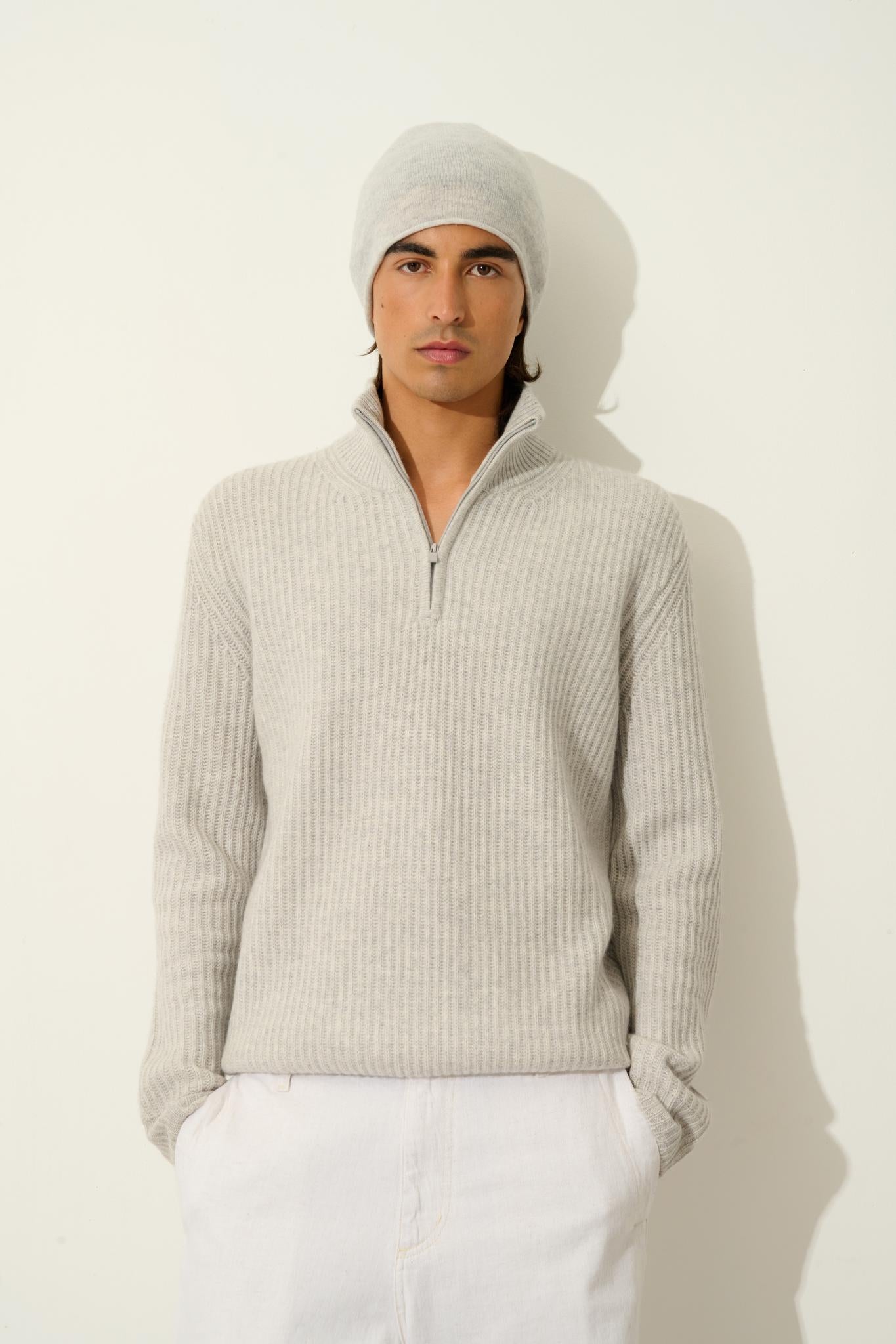 LHAMU trucker sweater 6 threads glacier mottled 100% cashmere