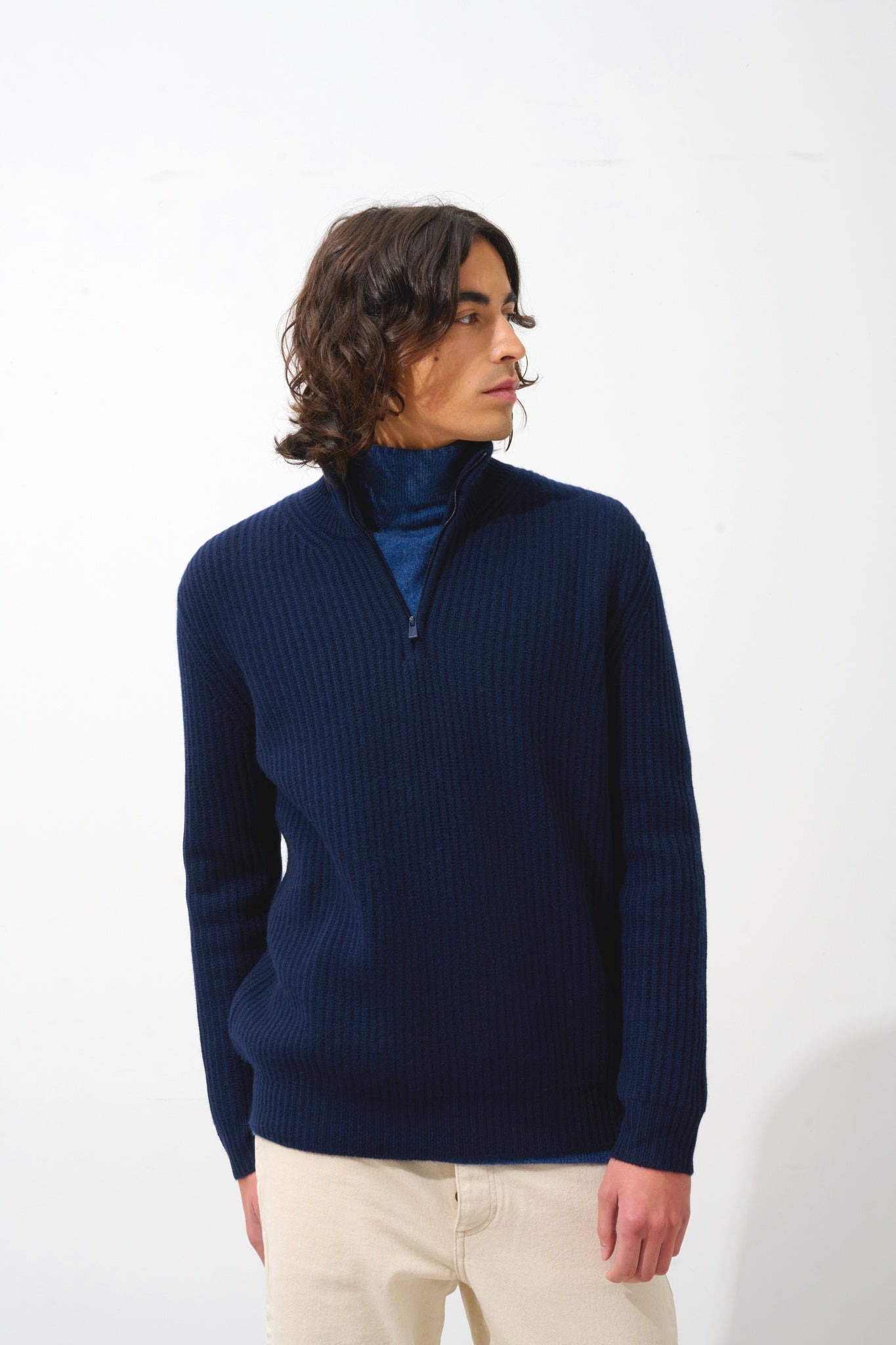 LHAMU pull camionneur 6 fils navy 100% cachemire