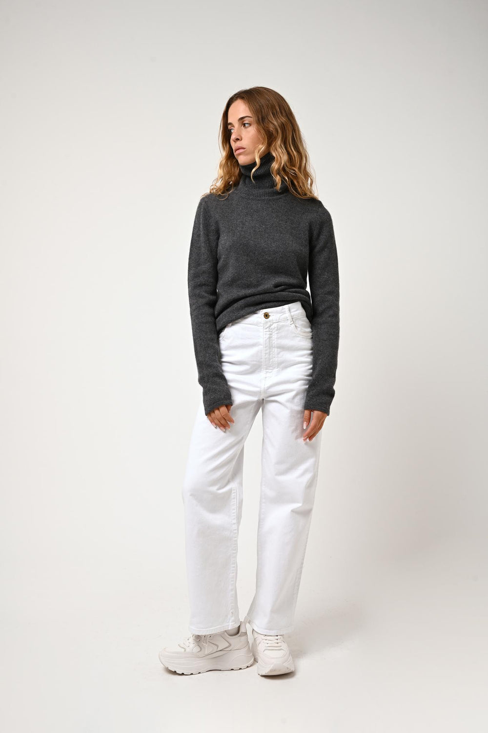 LINDA 4-fädiger anthrazit meliert Rollkragenpullover 100% Kaschmir