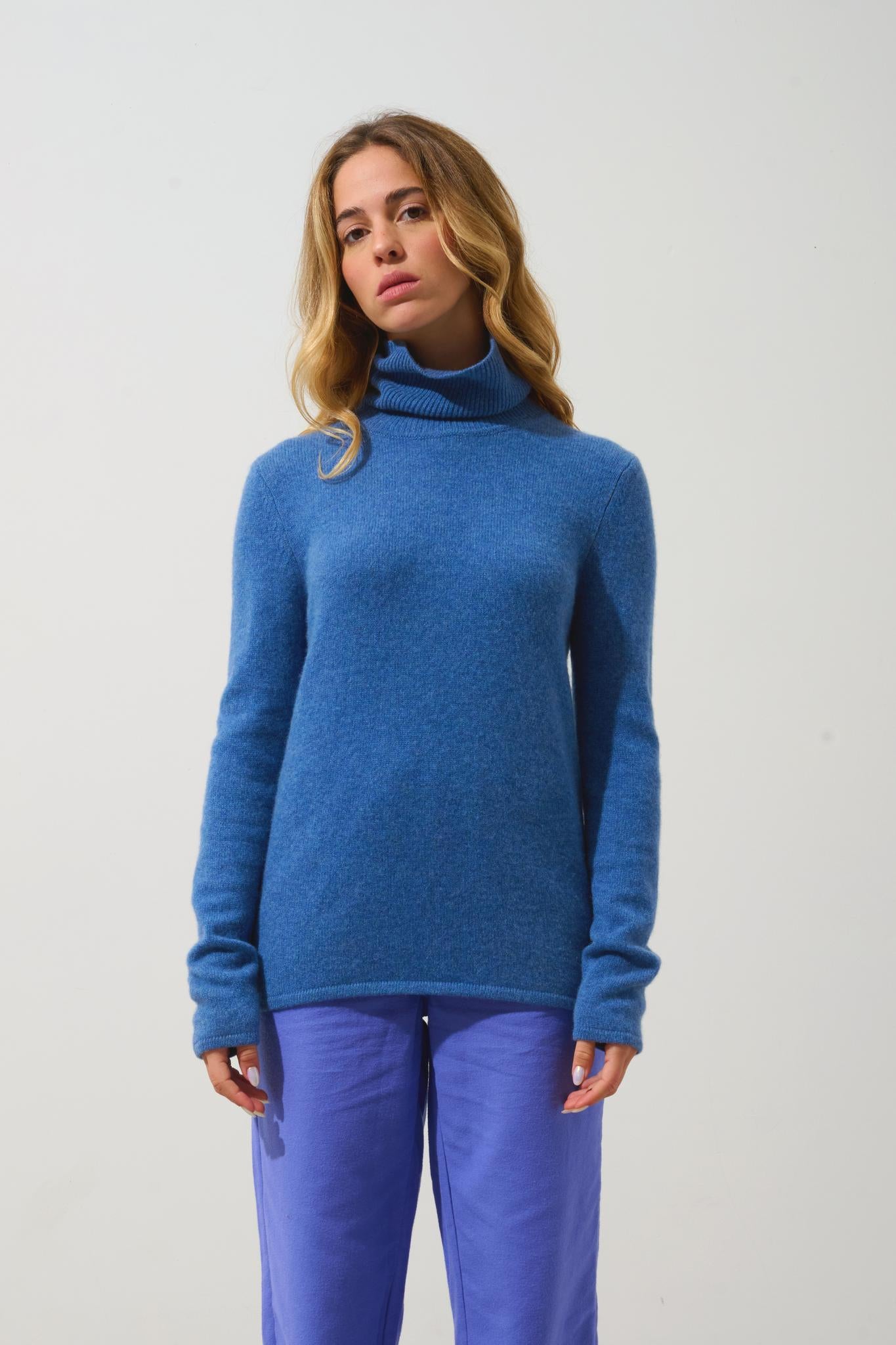 LINDA pull col roulé 4 fils bleu denim 100% cachemire
