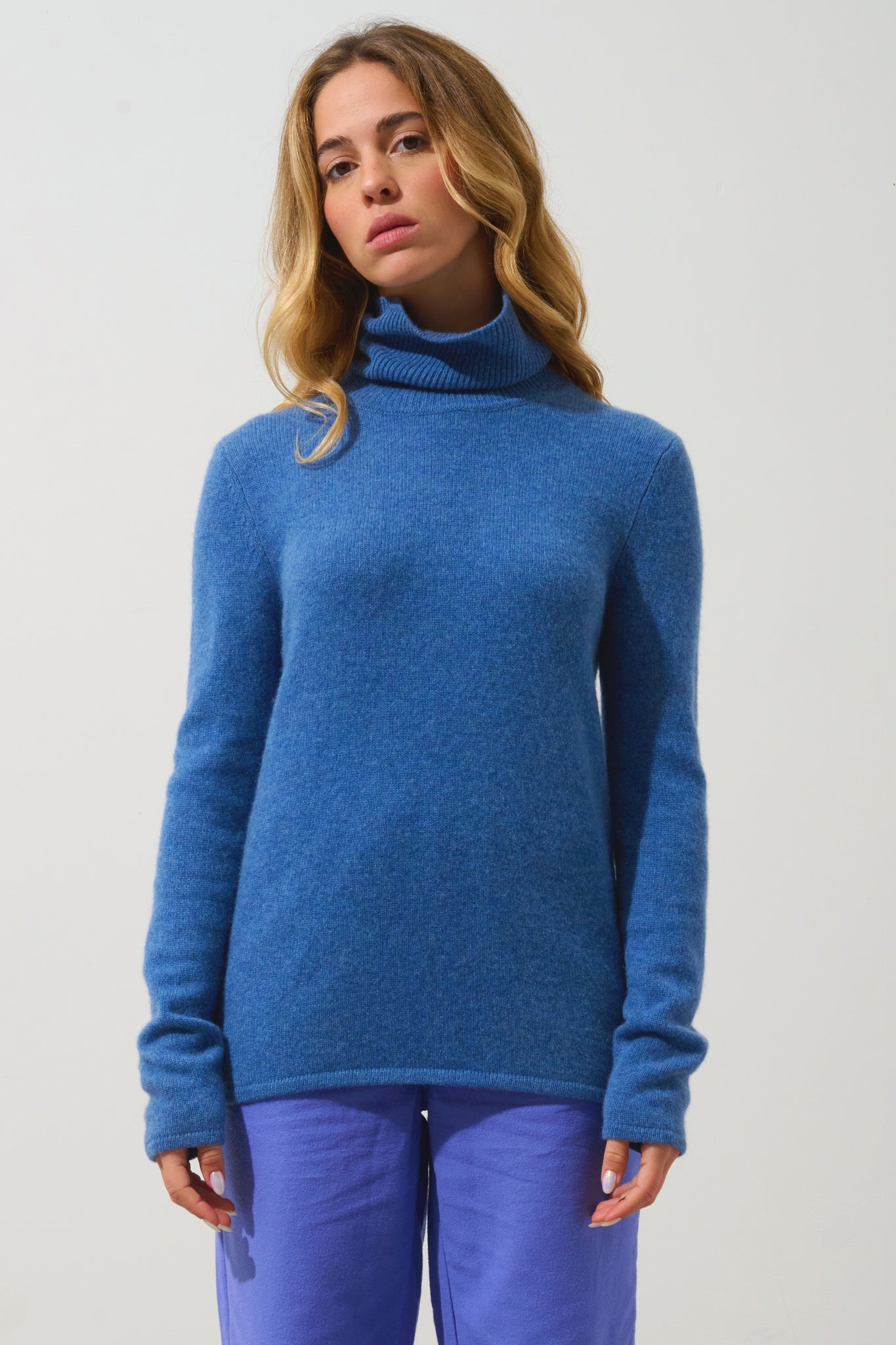 LINDA Rollkragenpullover 4 Fäden Denimblau 100% Kaschmir