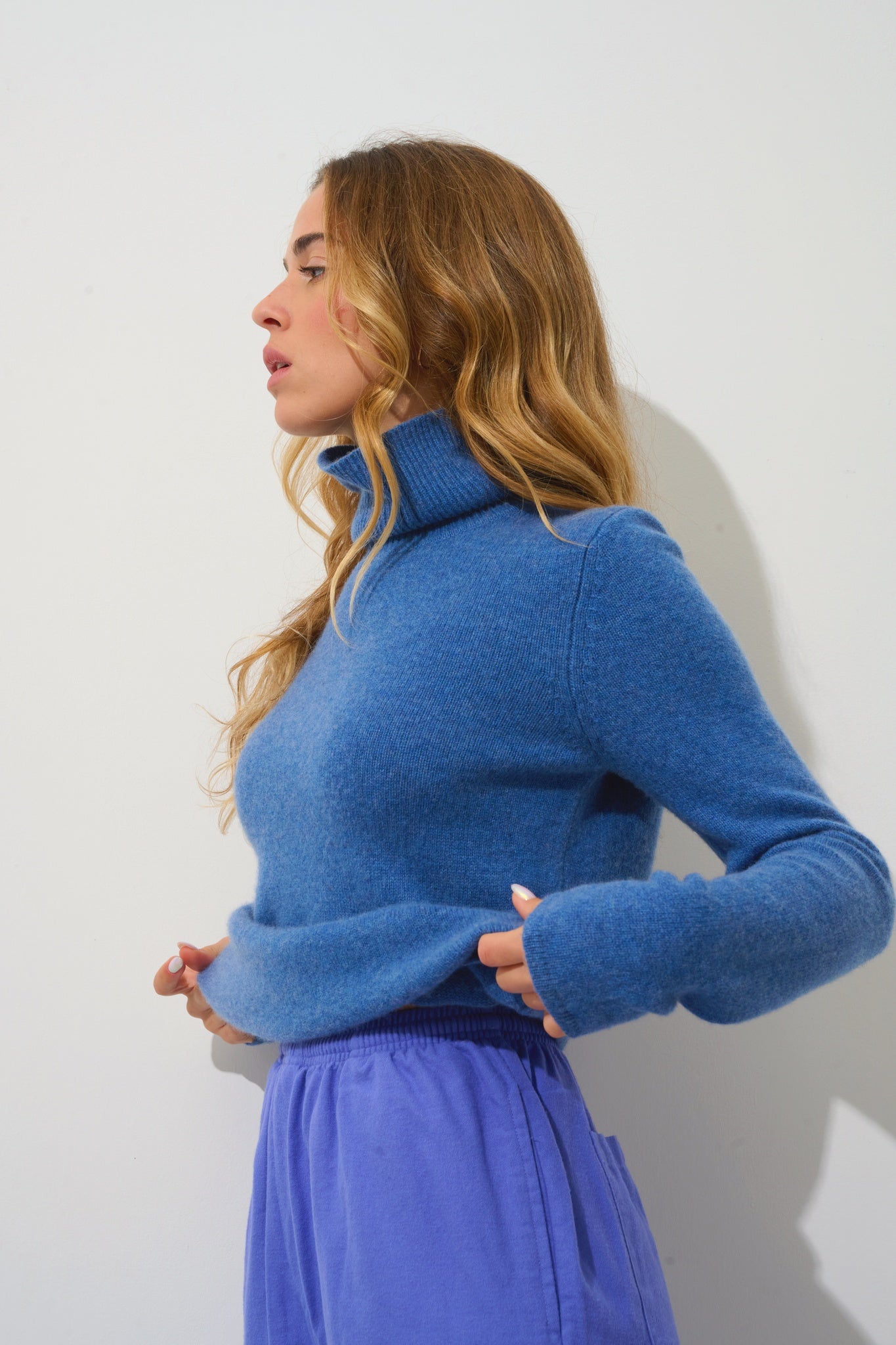 LINDA Rollkragenpullover 4 Fäden Denimblau 100% Kaschmir