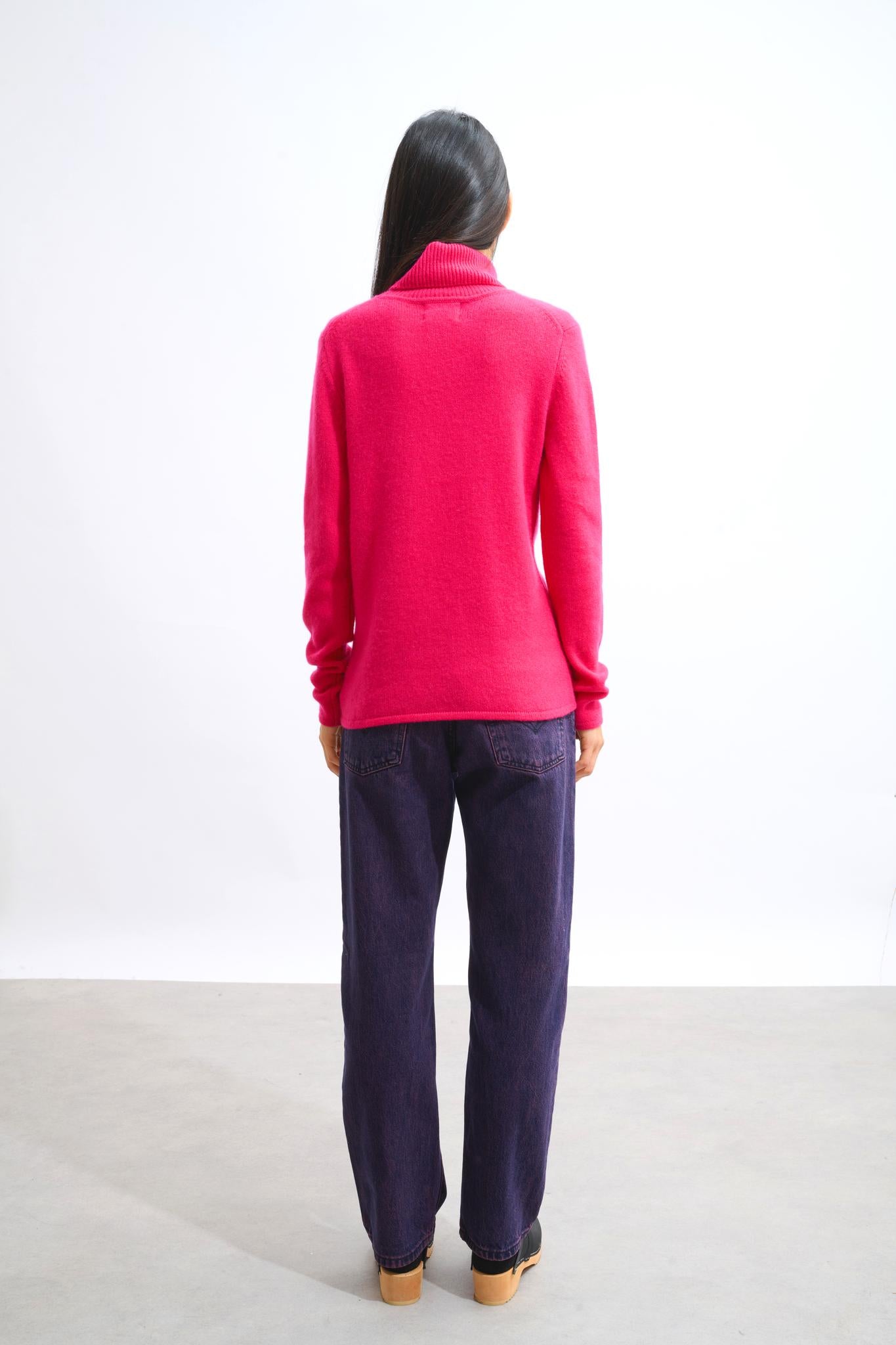 LINDA pull col roulé 4 fils fuchsia 100% cachemire