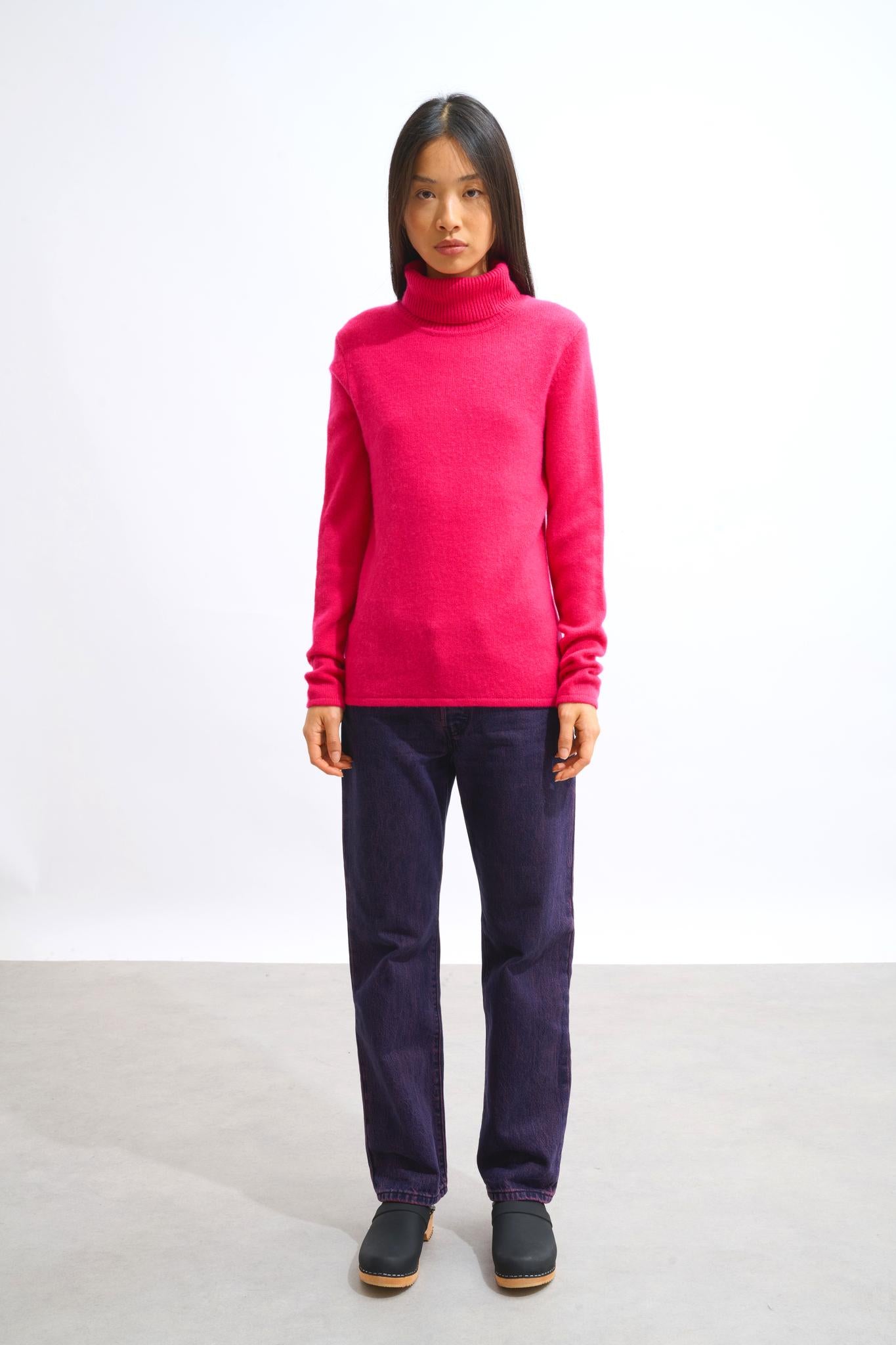 LINDA pull col roulé 4 fils fuchsia 100% cachemire