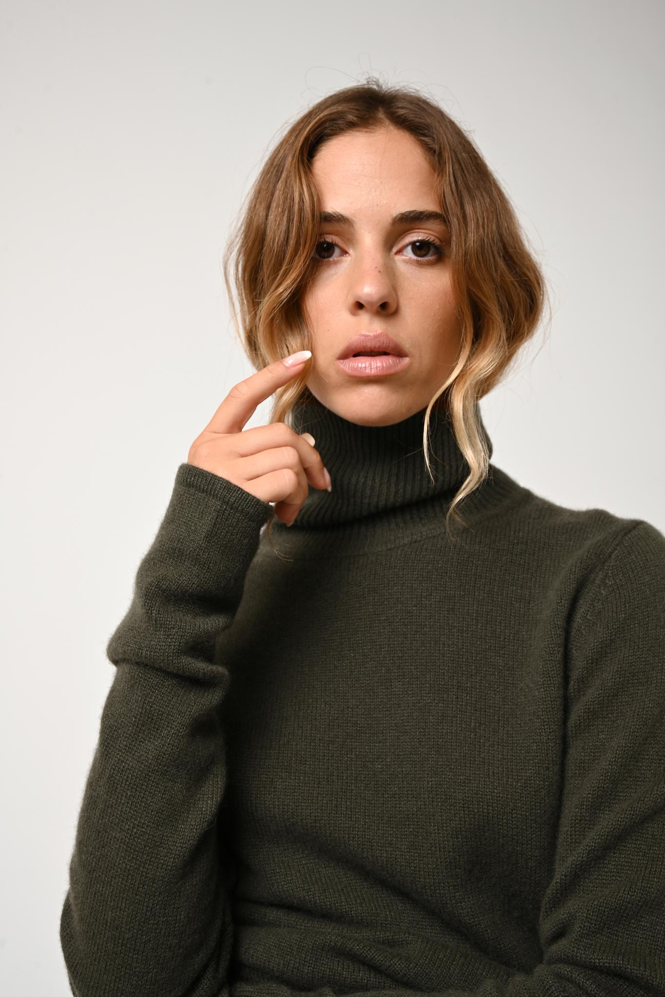 LINDA 4-fädiger Khaki Rollkragenpullover 100% Kaschmir