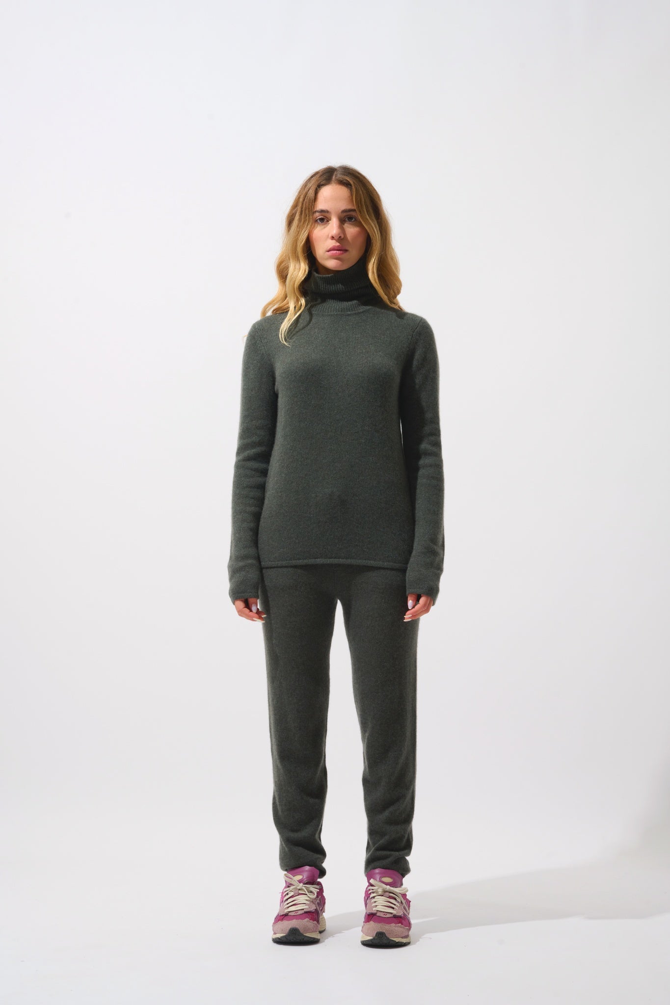 LINDA pull col roulé 4 fils kaki chiné 100% cachemire