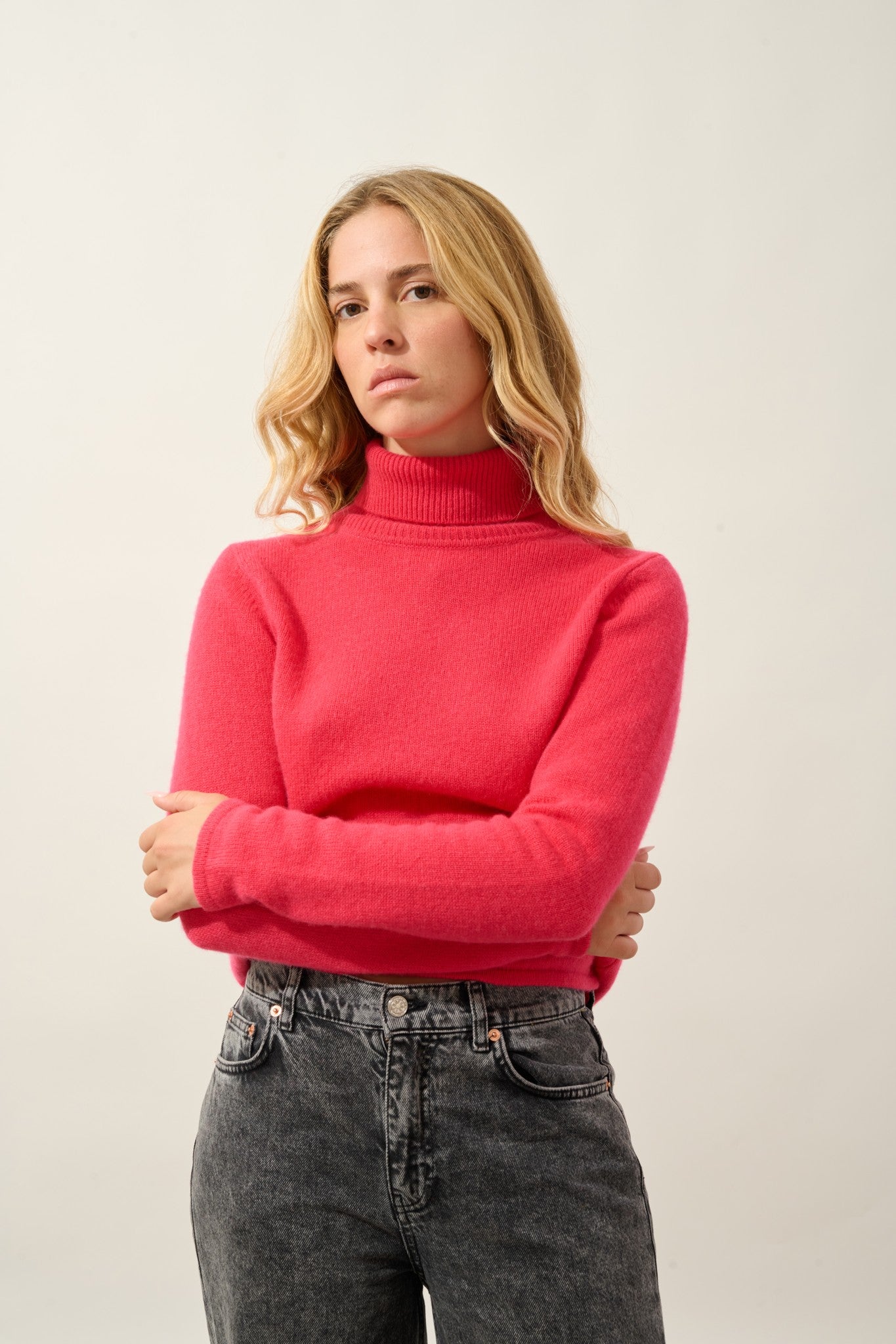 linda pull col roulé 4 fils magenta red 100% cachemire