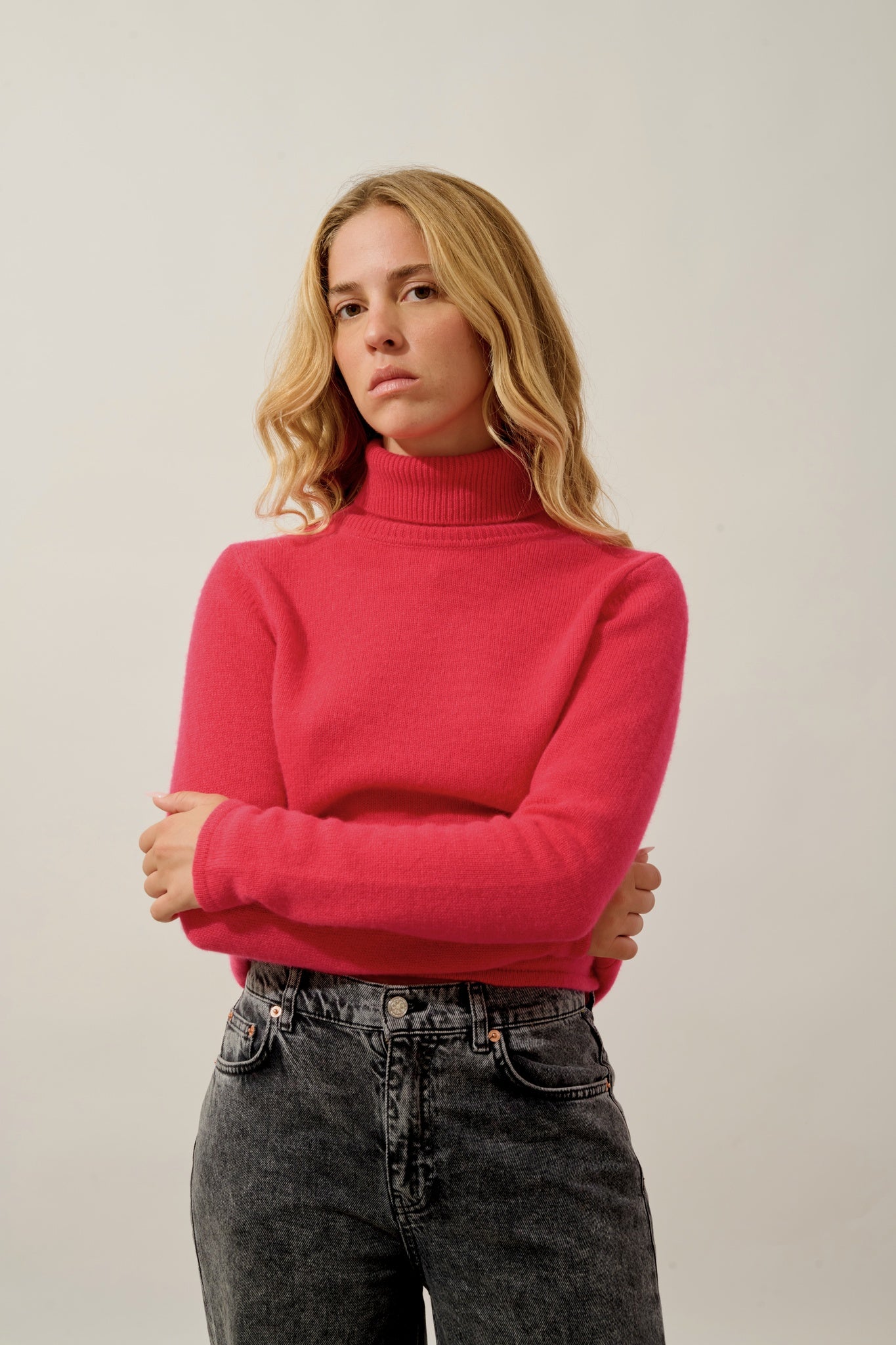 LINDA pull col roulé 4 fils magenta red 100% cachemire