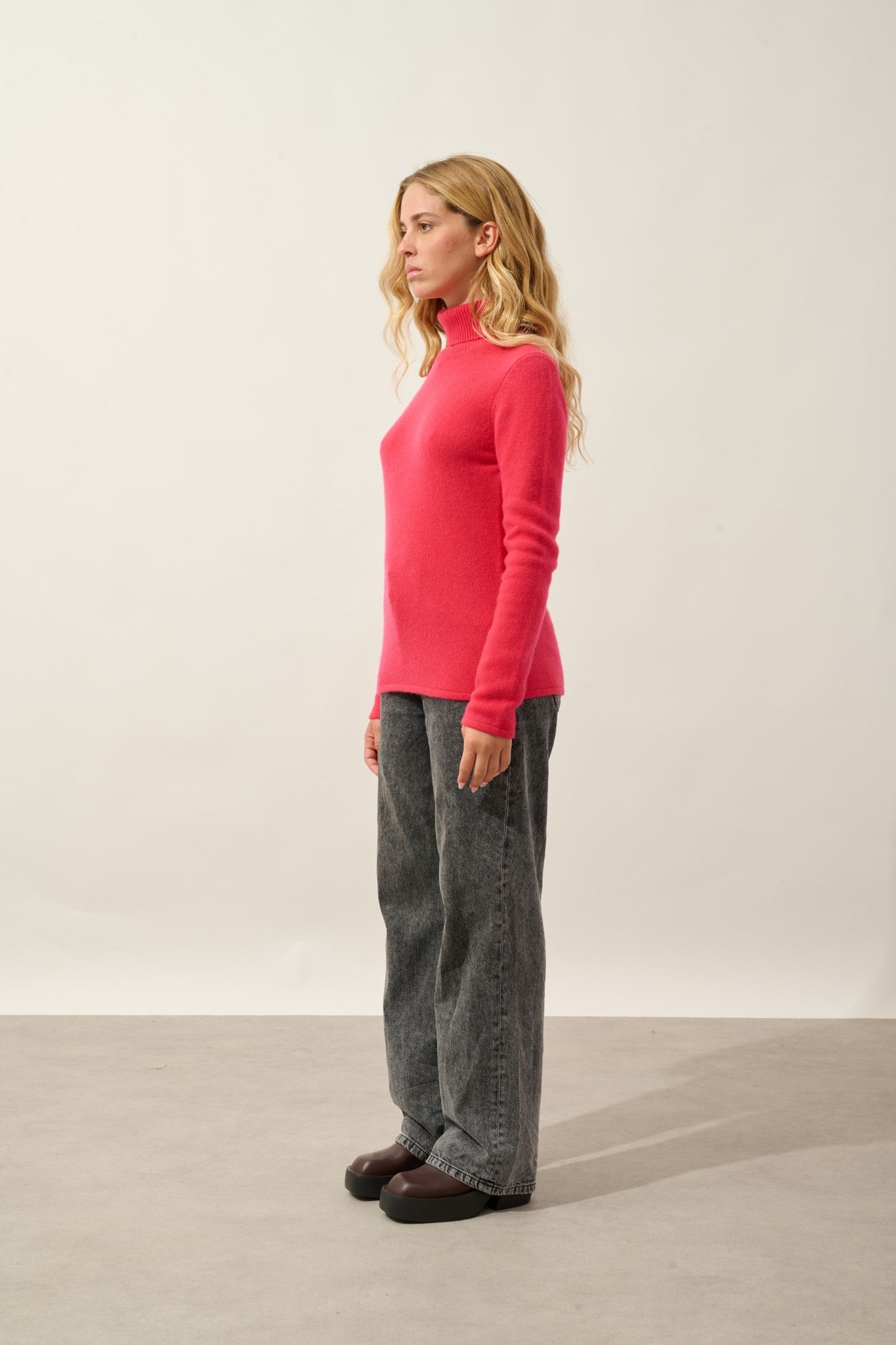 linda pull col roulé 4 fils magenta red 100% cachemire