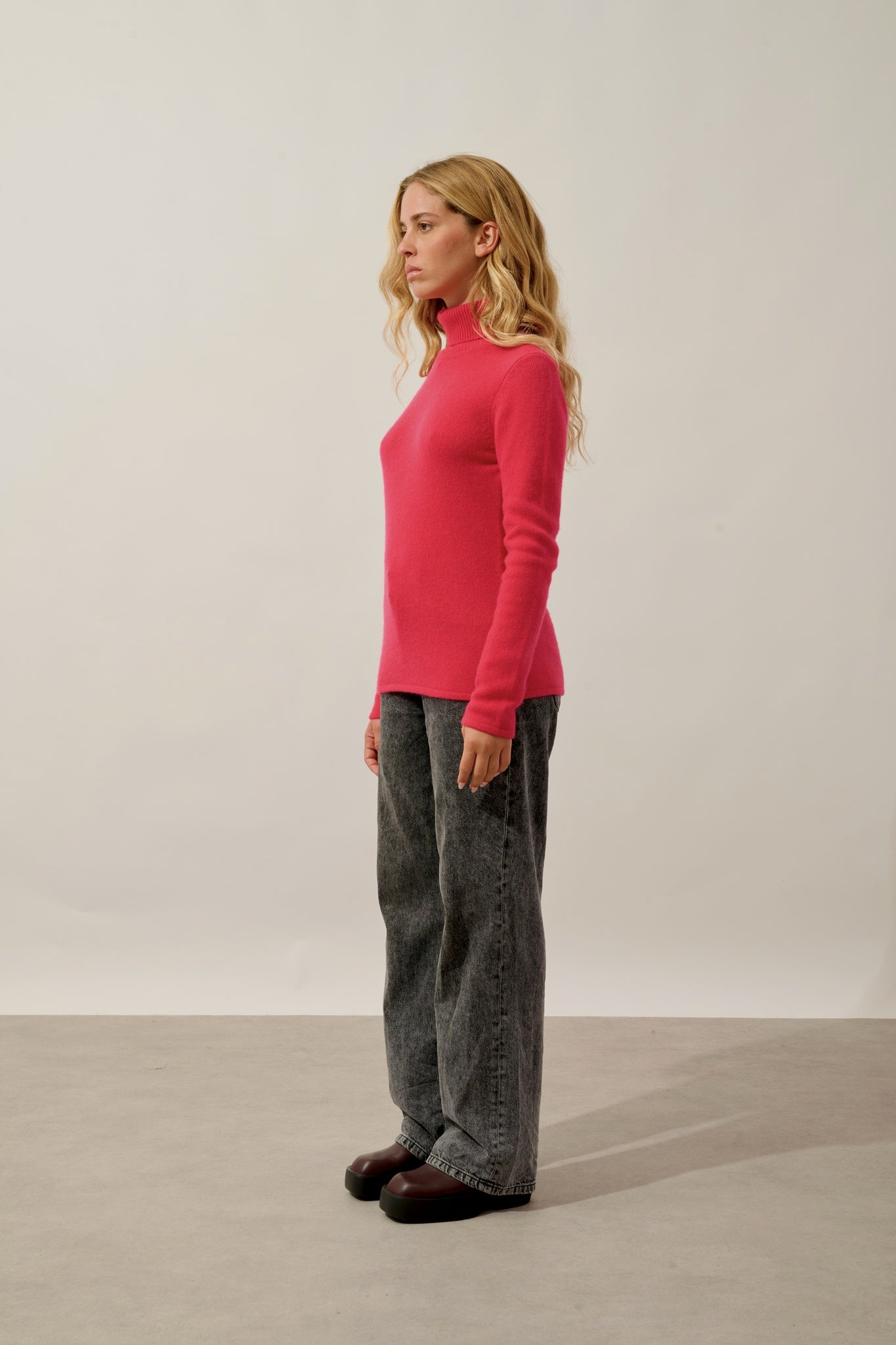 LINDA pull col roulé 4 fils magenta red 100% cachemire