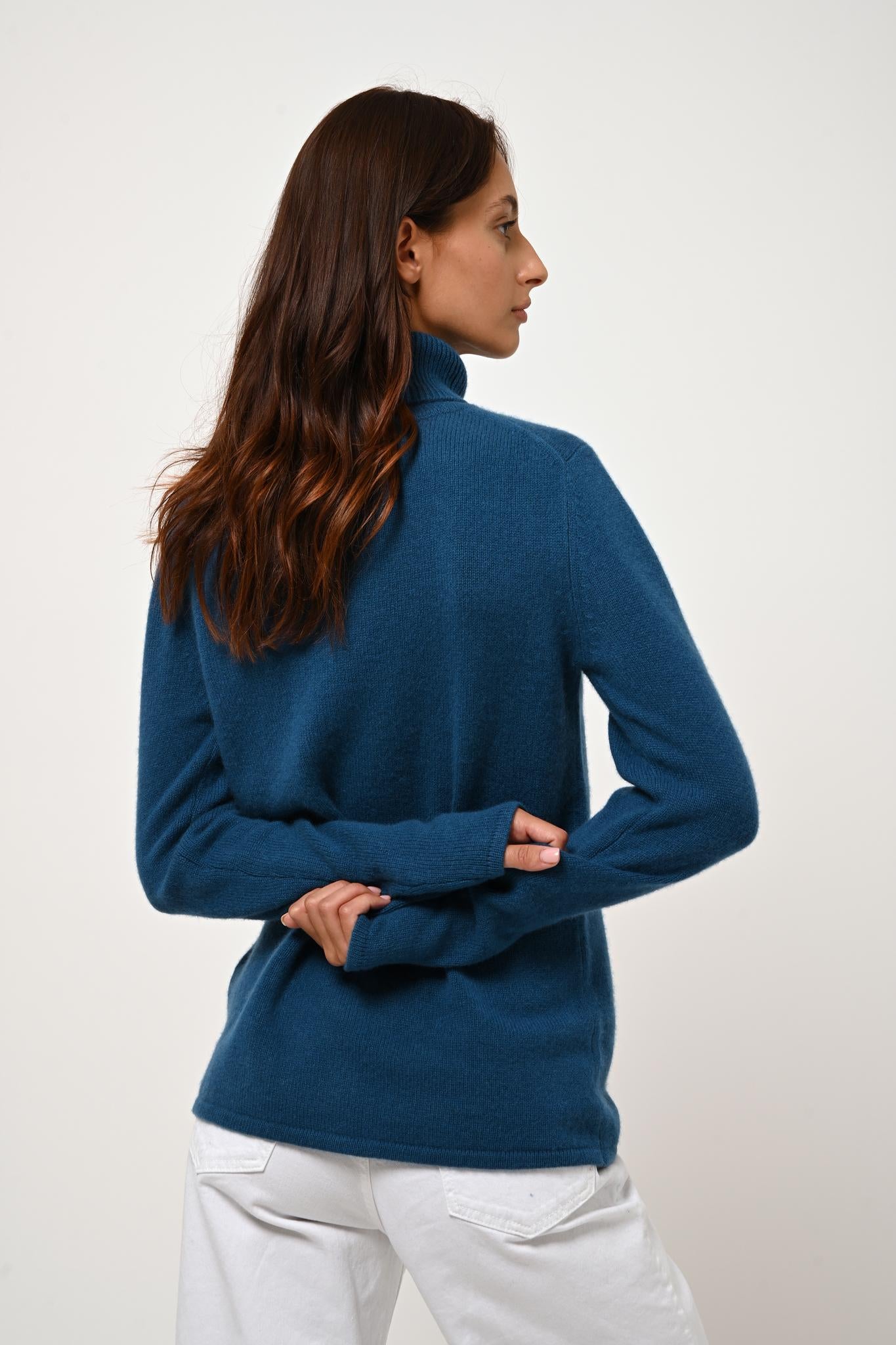 LINDA 4-fädiger Pfauen-Rollkragenpullover, 100% Kaschmir