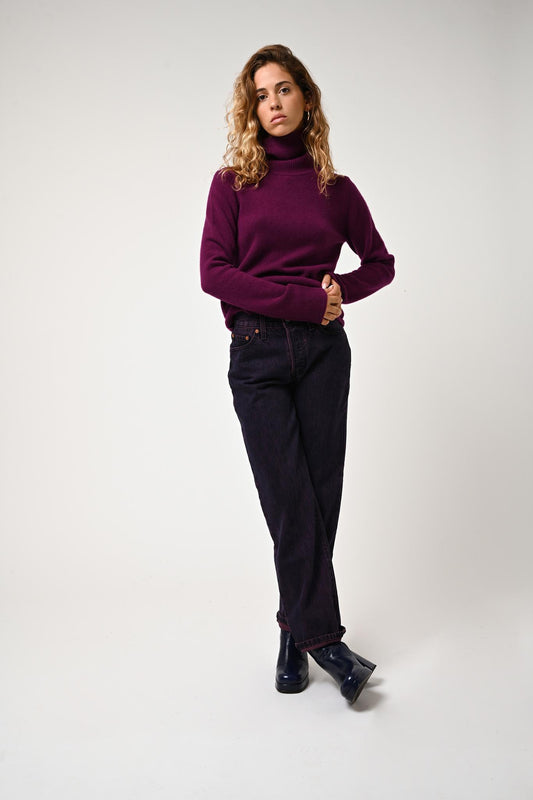 LINDA 4-thread plum turtleneck sweater 100% cashmere