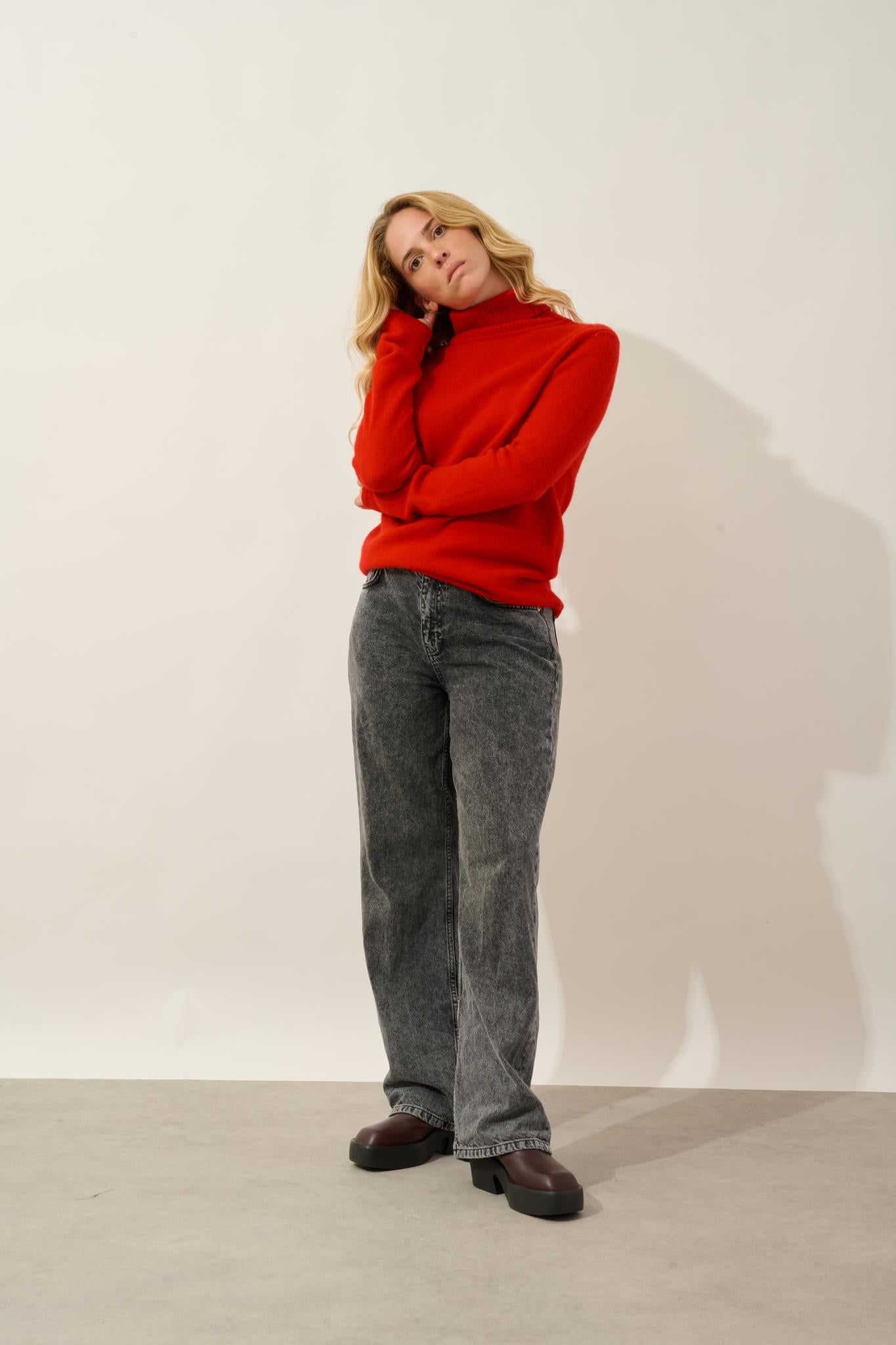 LINDA 4-thread roll-neck sweater red 100% cashmere