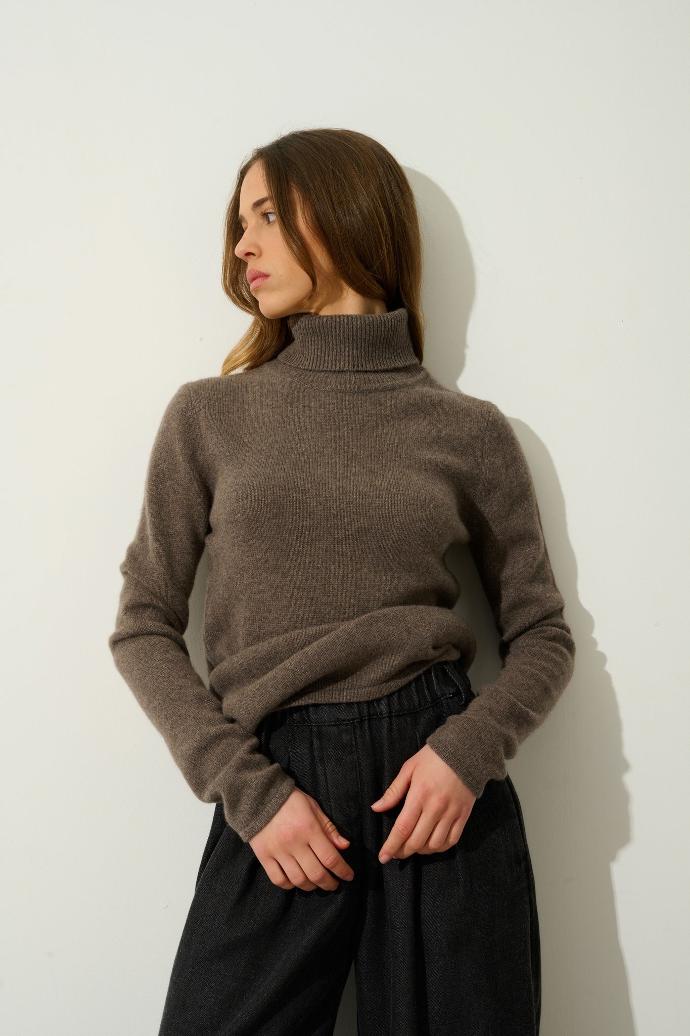 LINDA pull col roulé 4 fils taupe chiné 100% cachemire