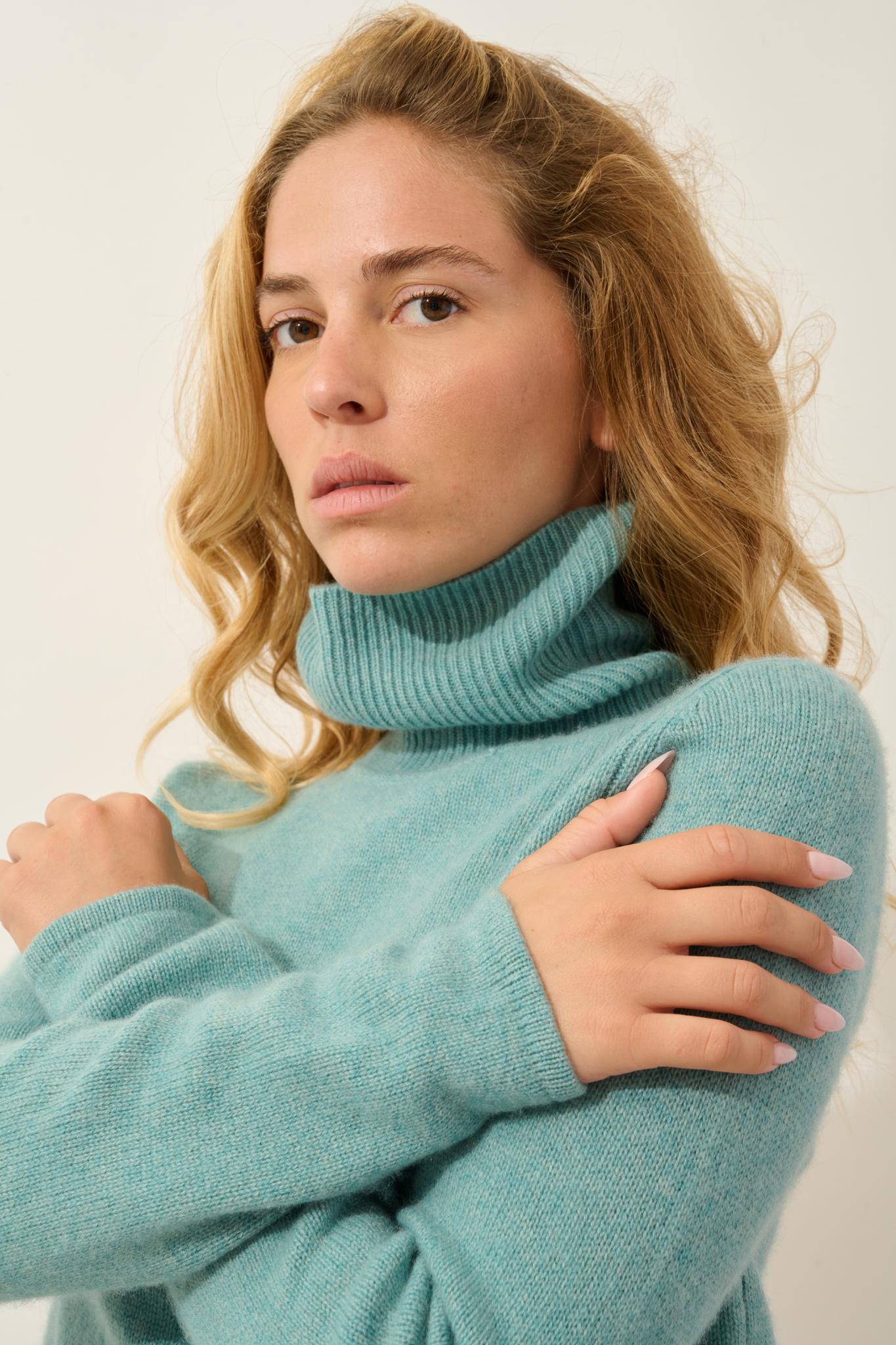 LINDA pull col roulé 4 fils vert chiné 100% cachemire