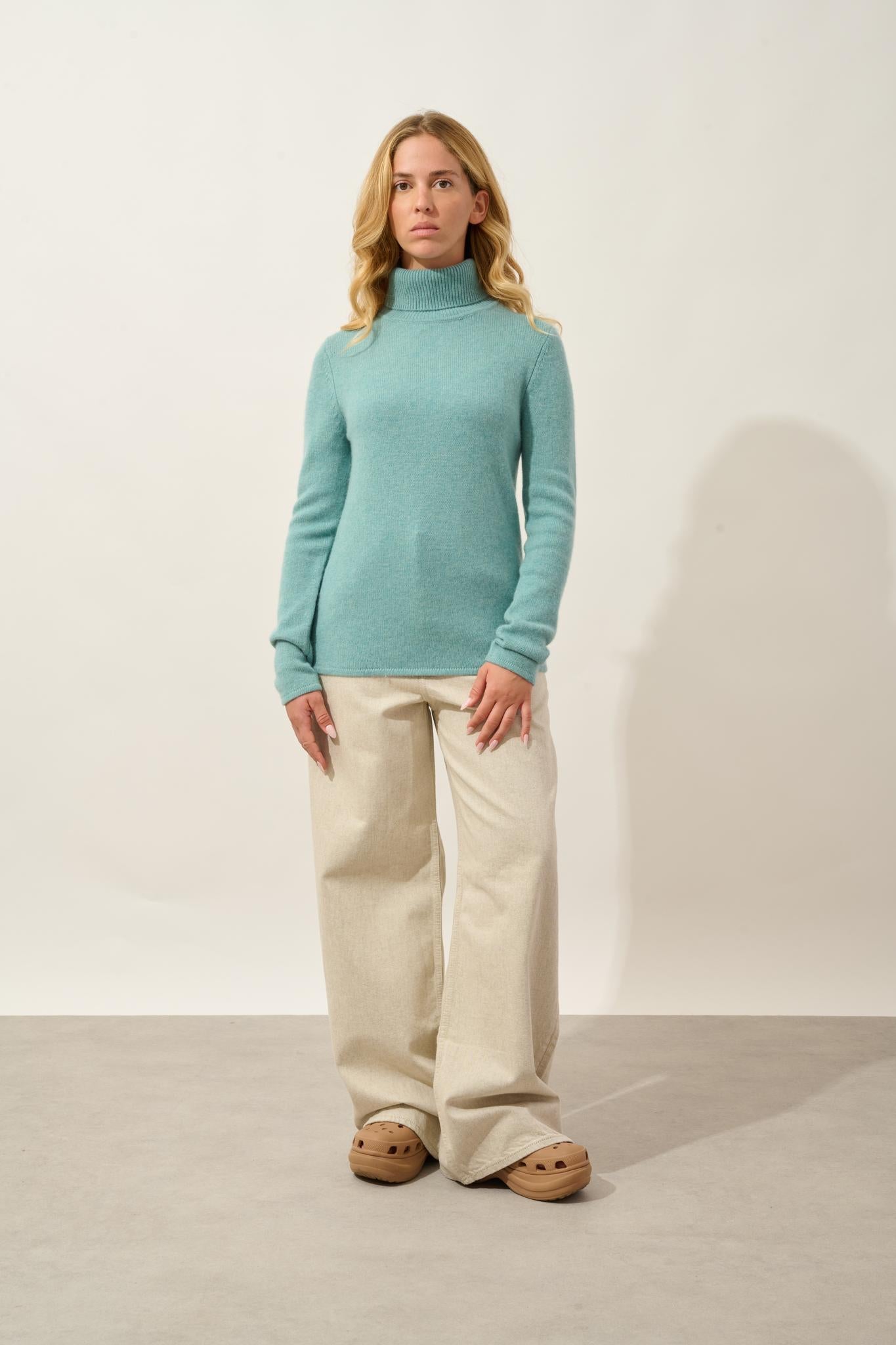 LINDA pull col roulé 4 fils vert chiné 100% cachemire