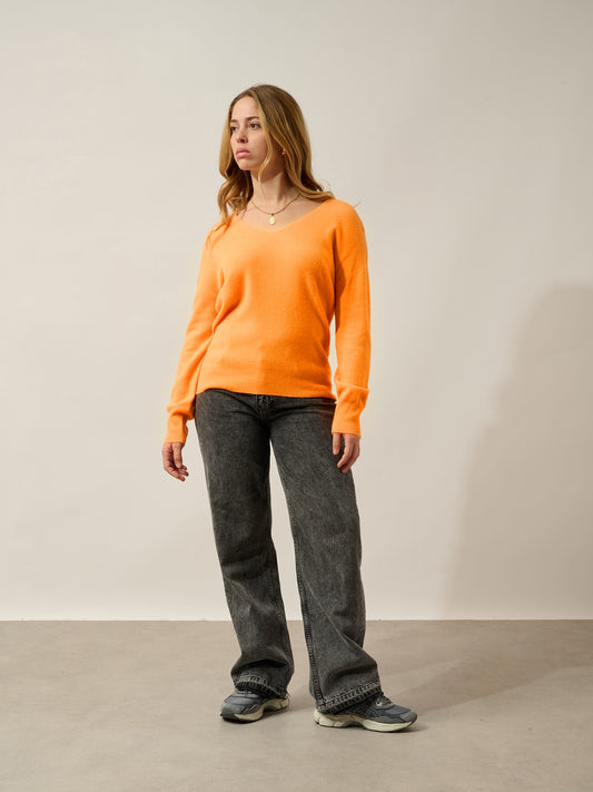 LUMIRA pull col v mandarine fluo 100% cachemire