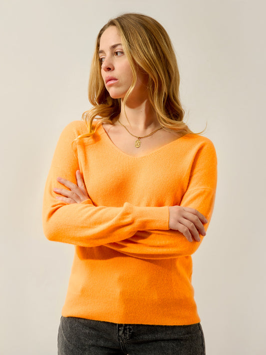 LUMIRA pull col v mandarine fluo 100% cachemire