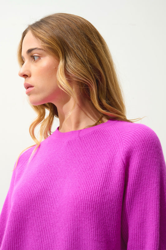 LUNÉA pull col rond violet fluo 100% cachemire