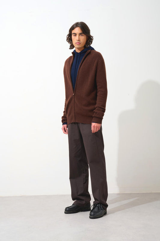 LYNA 4-thread trucker-collar zip cardigan coffee 100% cashmere