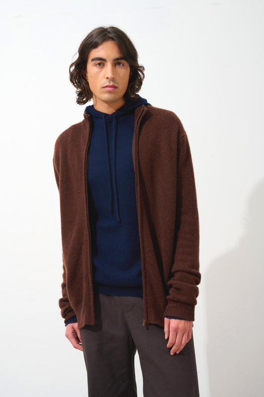 LYNA 4-thread trucker-collar zip cardigan coffee 100% cashmere
