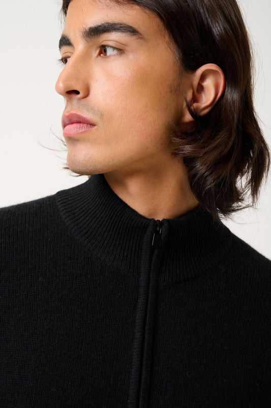 LYNA black 100% cashmere 4-thread trucker-collar zip cardigan
