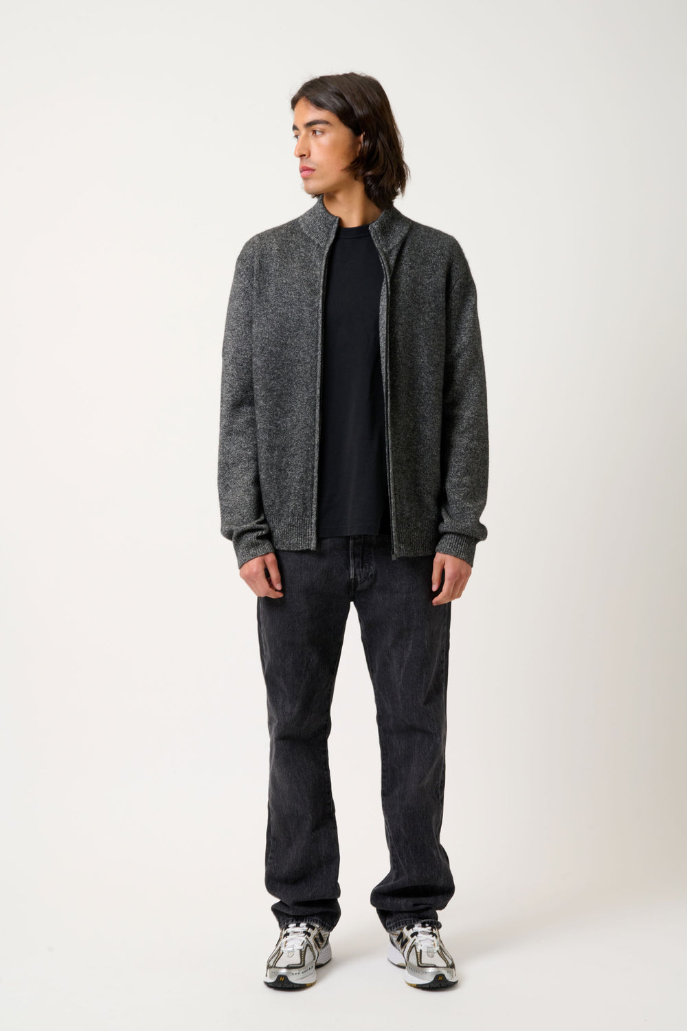 LYNA 4-thread trucker-collar zip cardigan black/white 100% cashmere