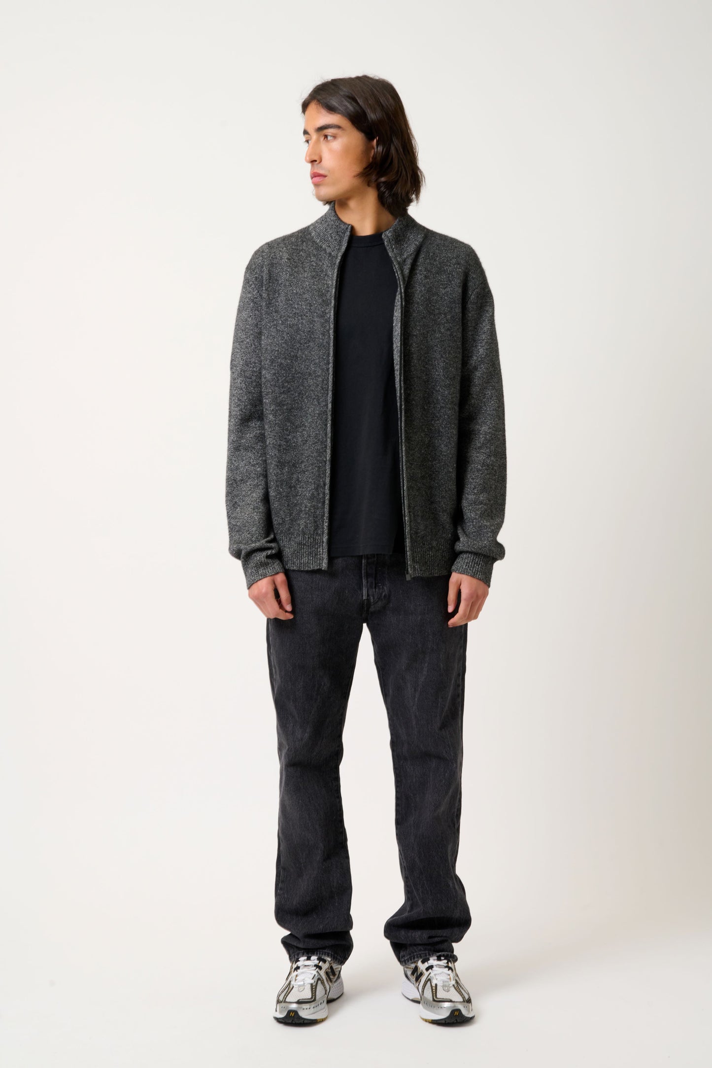 LYNA 4-thread trucker-collar zip cardigan black/white 100% cashmere