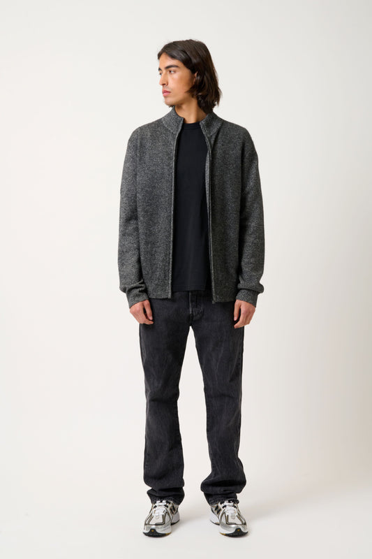 LYNA 4-thread trucker-collar zip cardigan black/white 100% cashmere