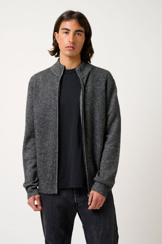 LYNA 4-thread trucker-collar zip cardigan black/white 100% cashmere