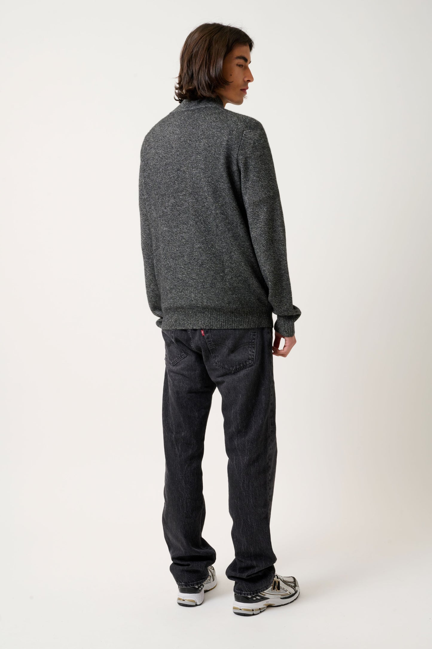 LYNA 4-thread trucker-collar zip cardigan black/white 100% cashmere